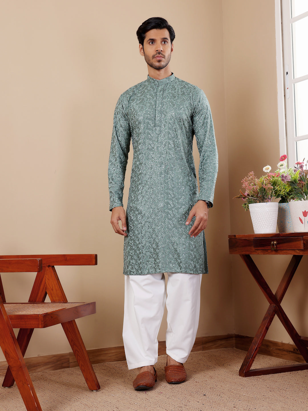 Sage Green Embroidered Kurta Pajama Set for Men
