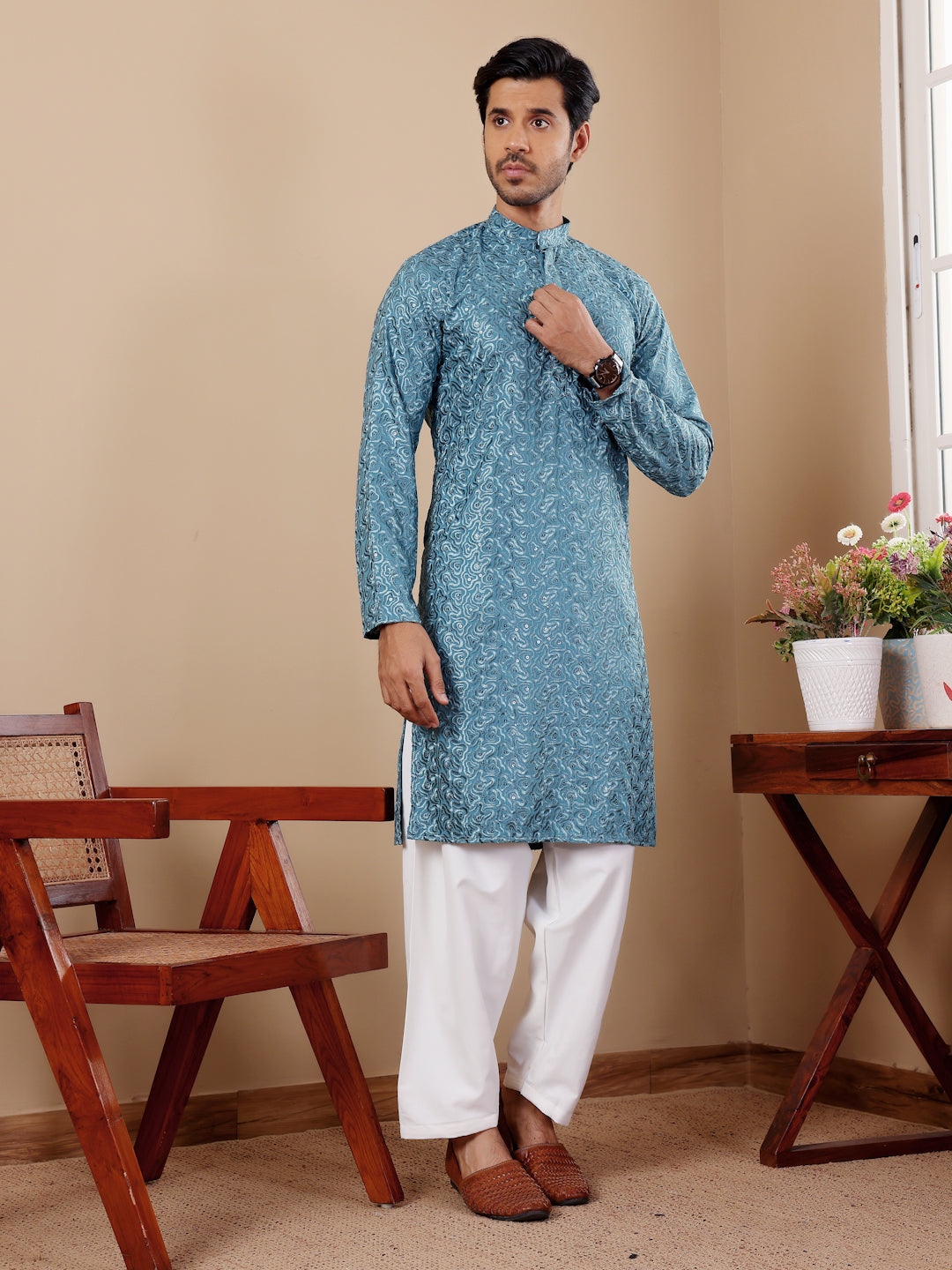 Sky Blue Embroidered Kurta Pajama Set for Men