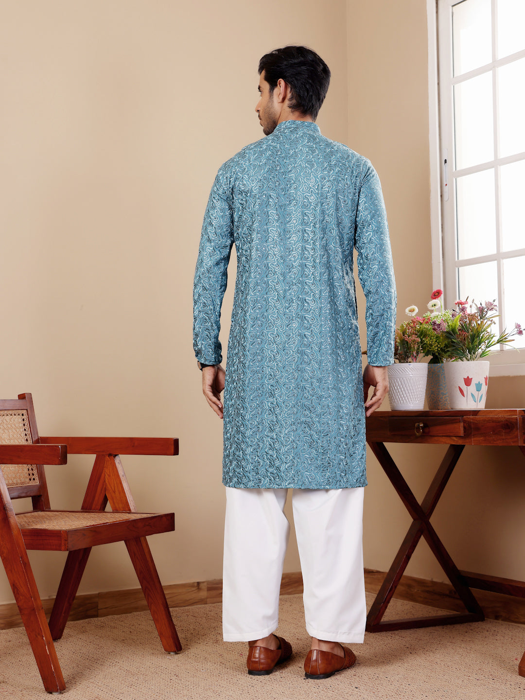 Sky Blue Embroidered Kurta Pajama Set for Men