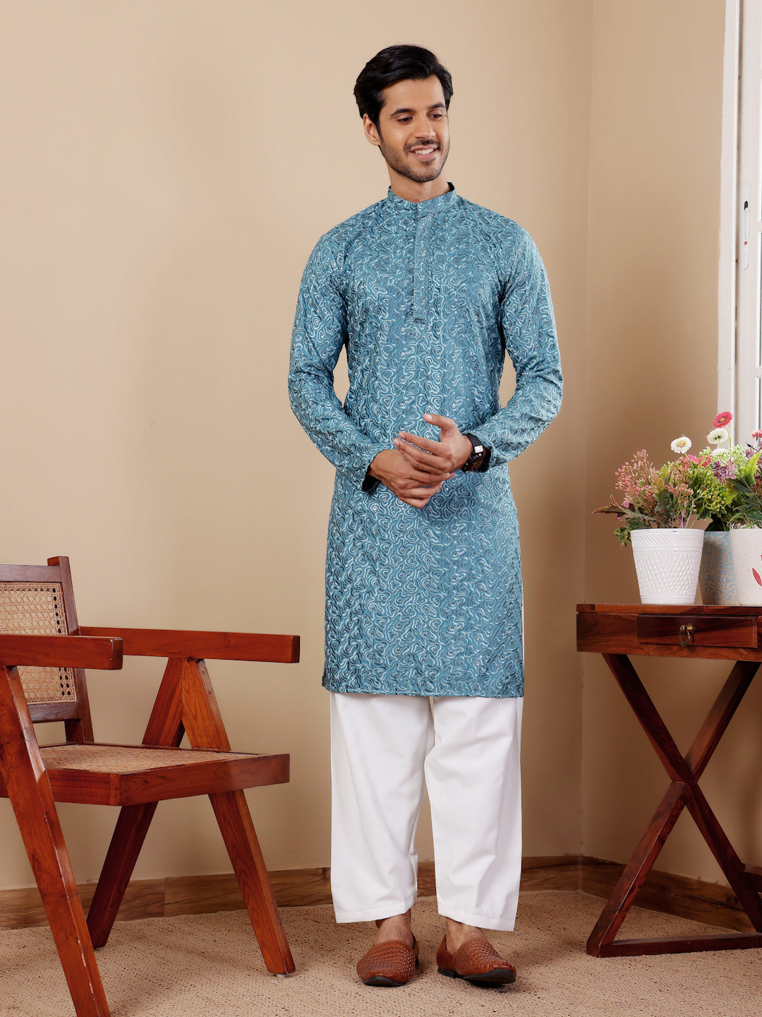 Sky Blue Embroidered Kurta Pajama Set for Men