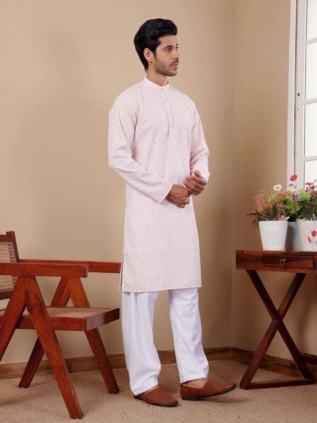 Elegant Pink Jacquard Kurta Set for Men