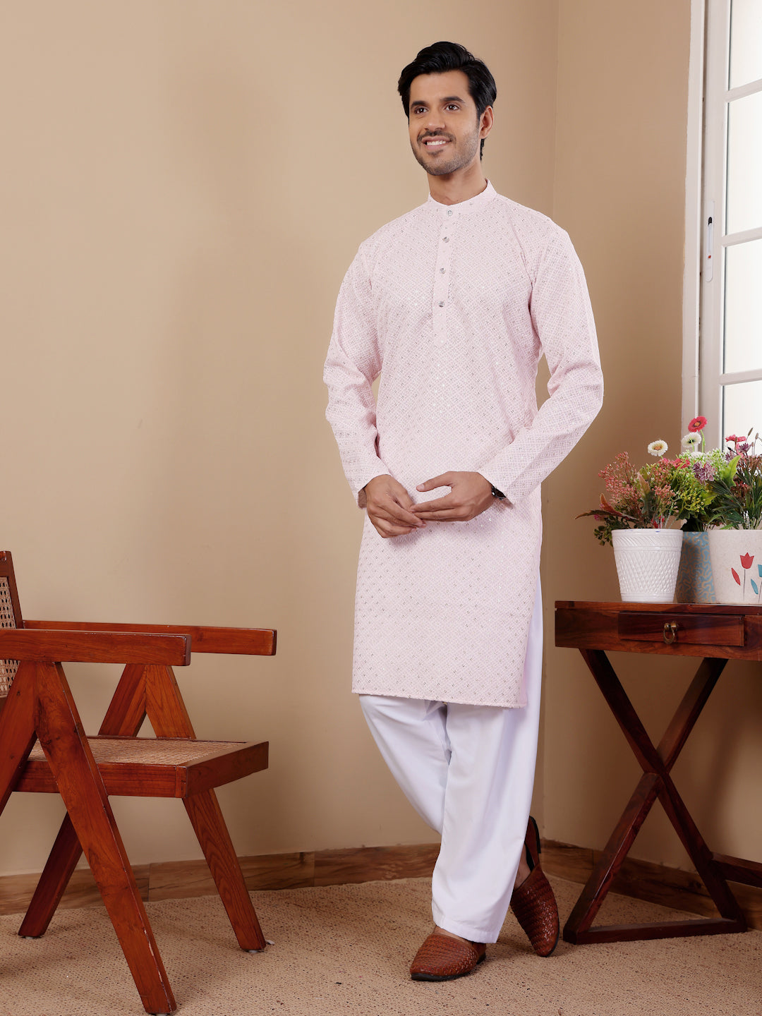 Elegant Pink Jacquard Kurta Set for Men