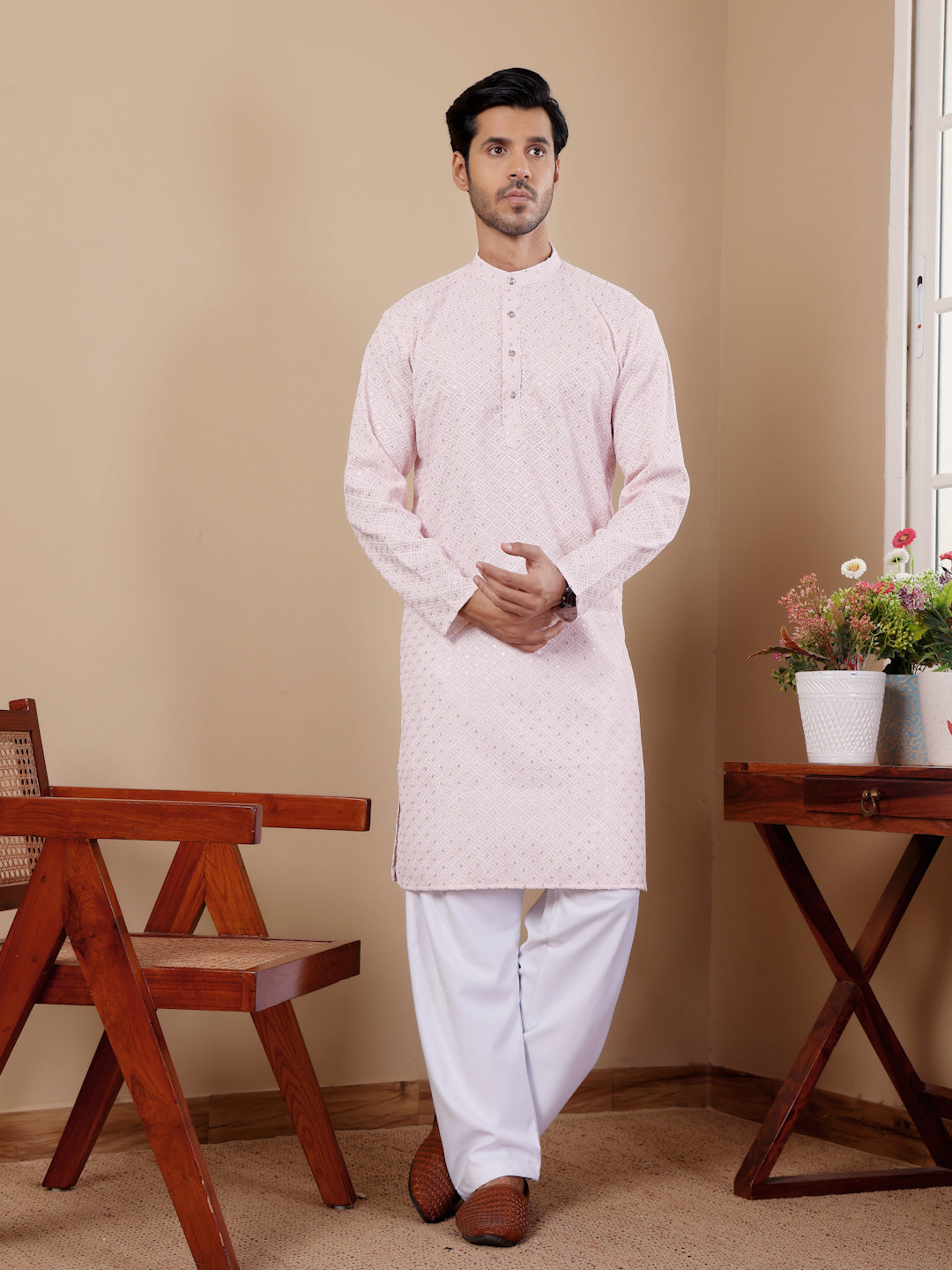 Elegant Pink Jacquard Kurta Set for Men