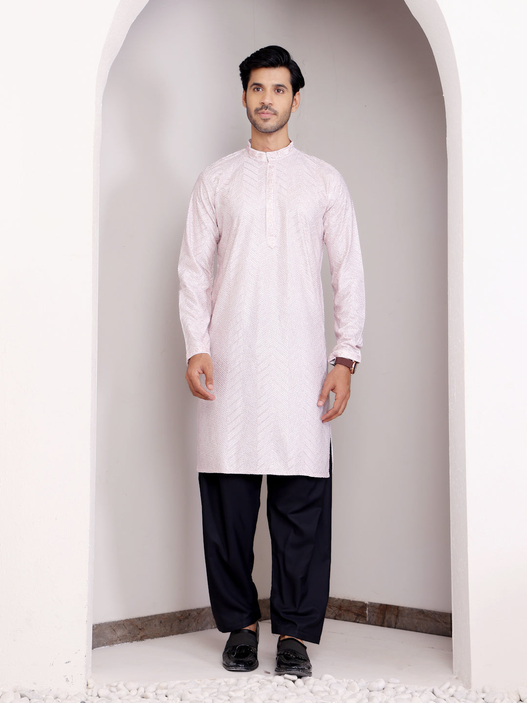 Men's Light Pink Designer Chikankari Embroidered Viscose Kurta