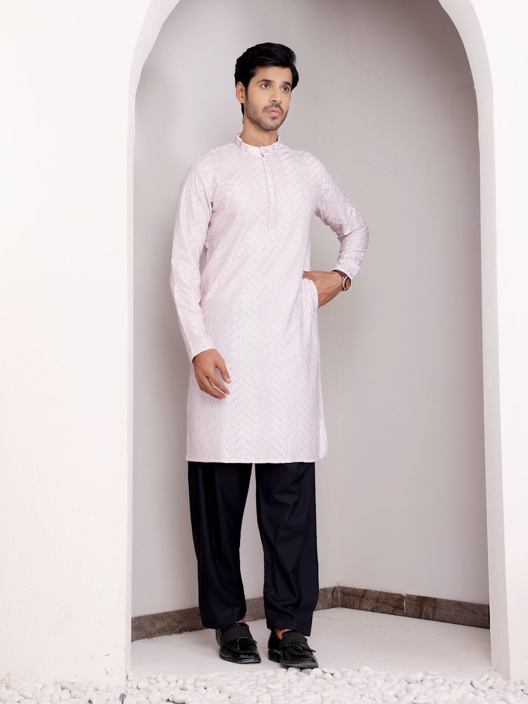 Men's Light Pink Designer Chikankari Embroidered Viscose Kurta