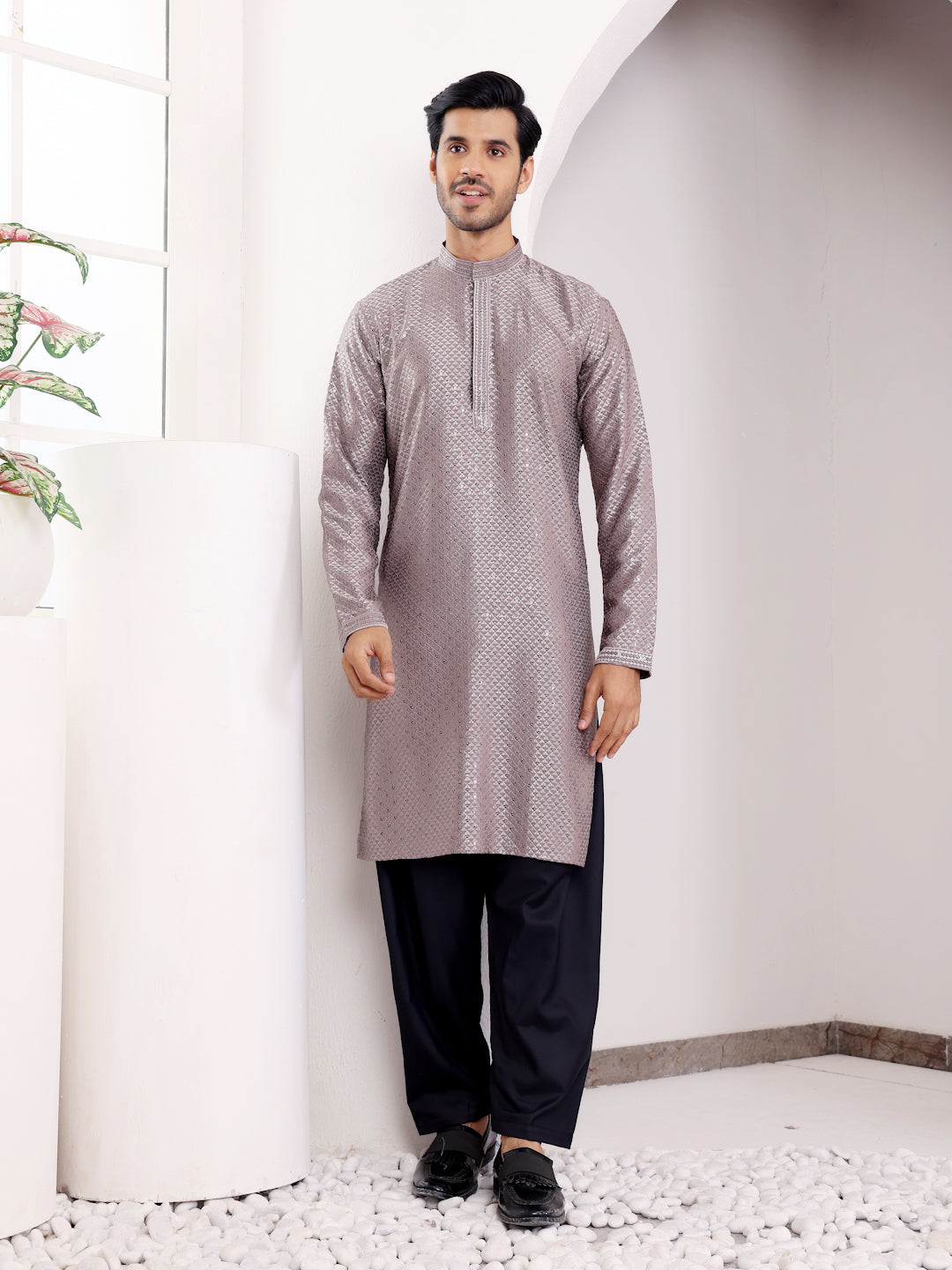Men's Brown-Grey Glossy Kurta with Diamond Pattern Embroidery