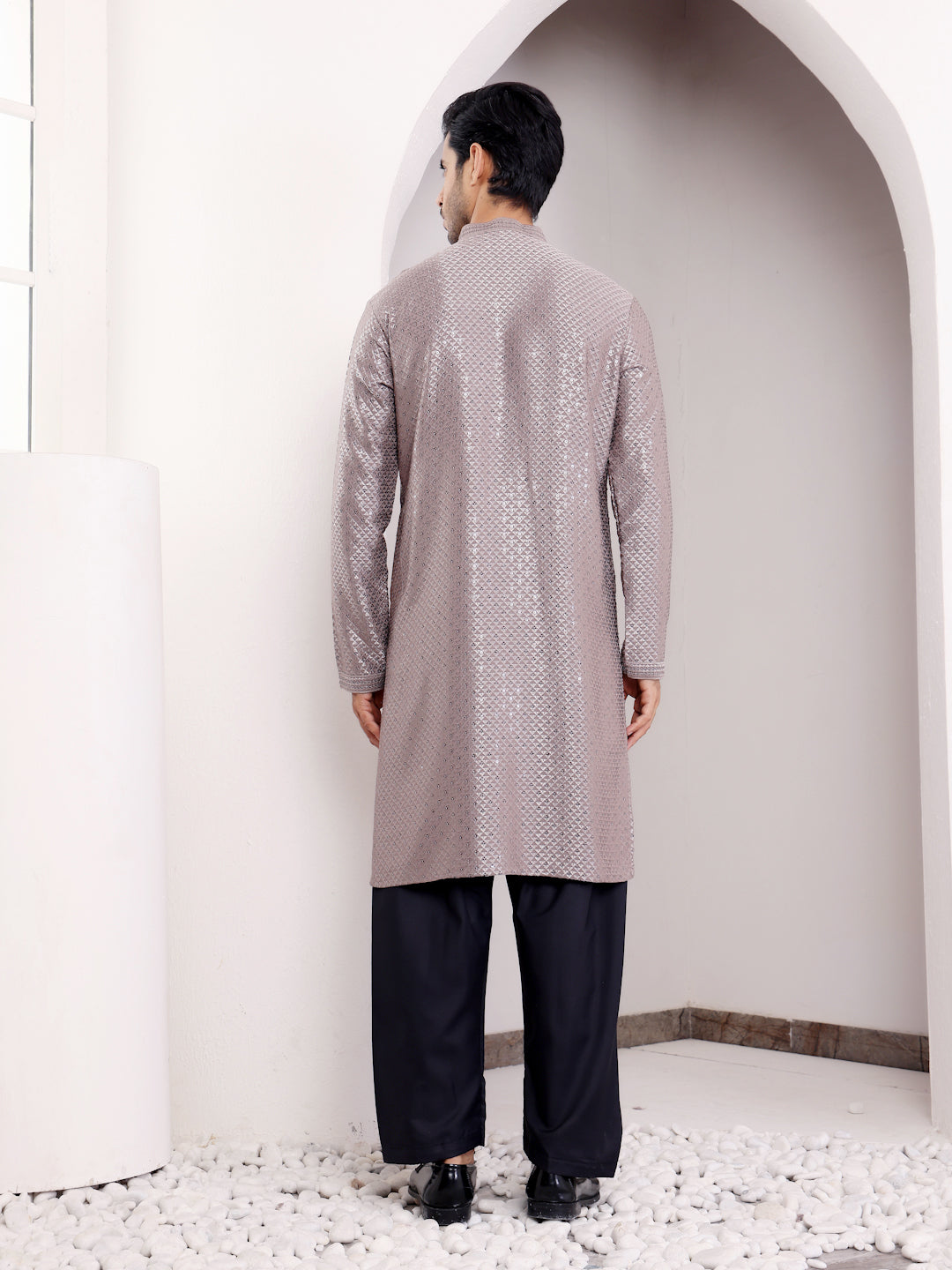 Men's Brown-Grey Glossy Kurta with Diamond Pattern Embroidery