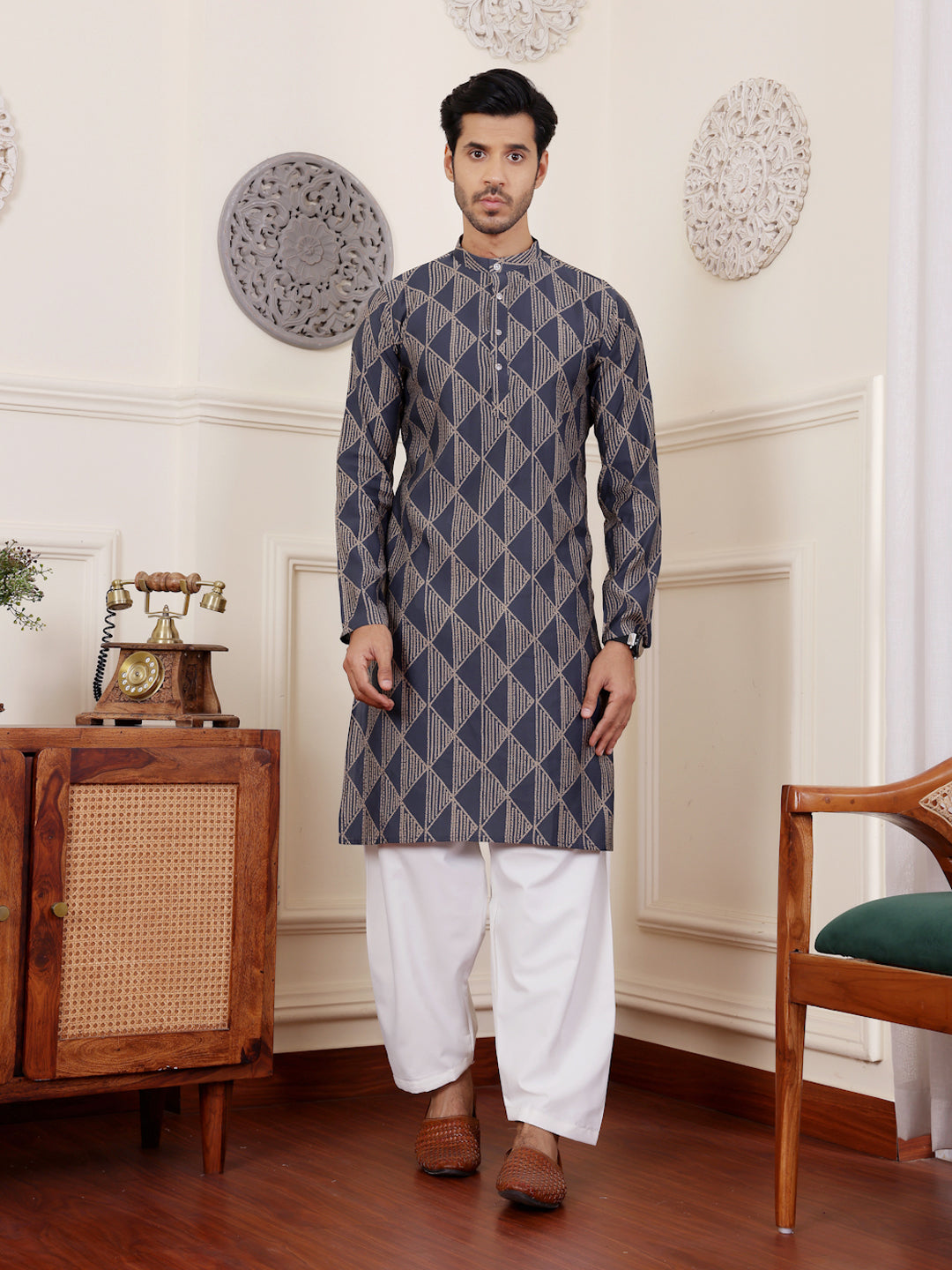Men's Navy Blue Geometric Printed Kurta with White Pajama