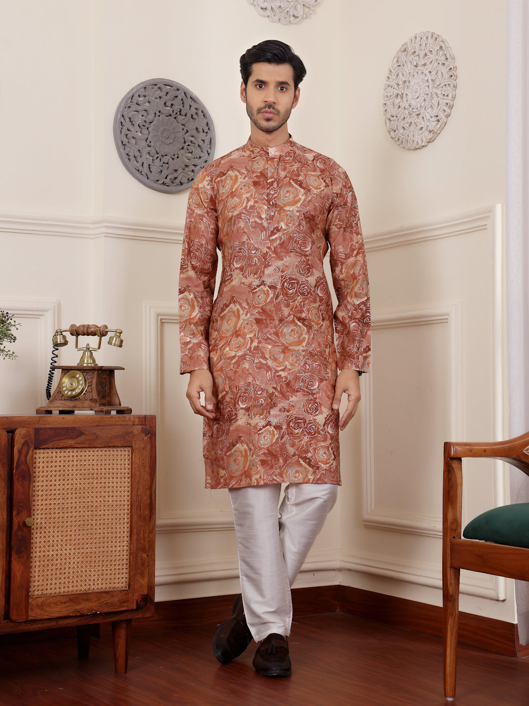 Men's Brown Floral Printed Kurta with White Pajama