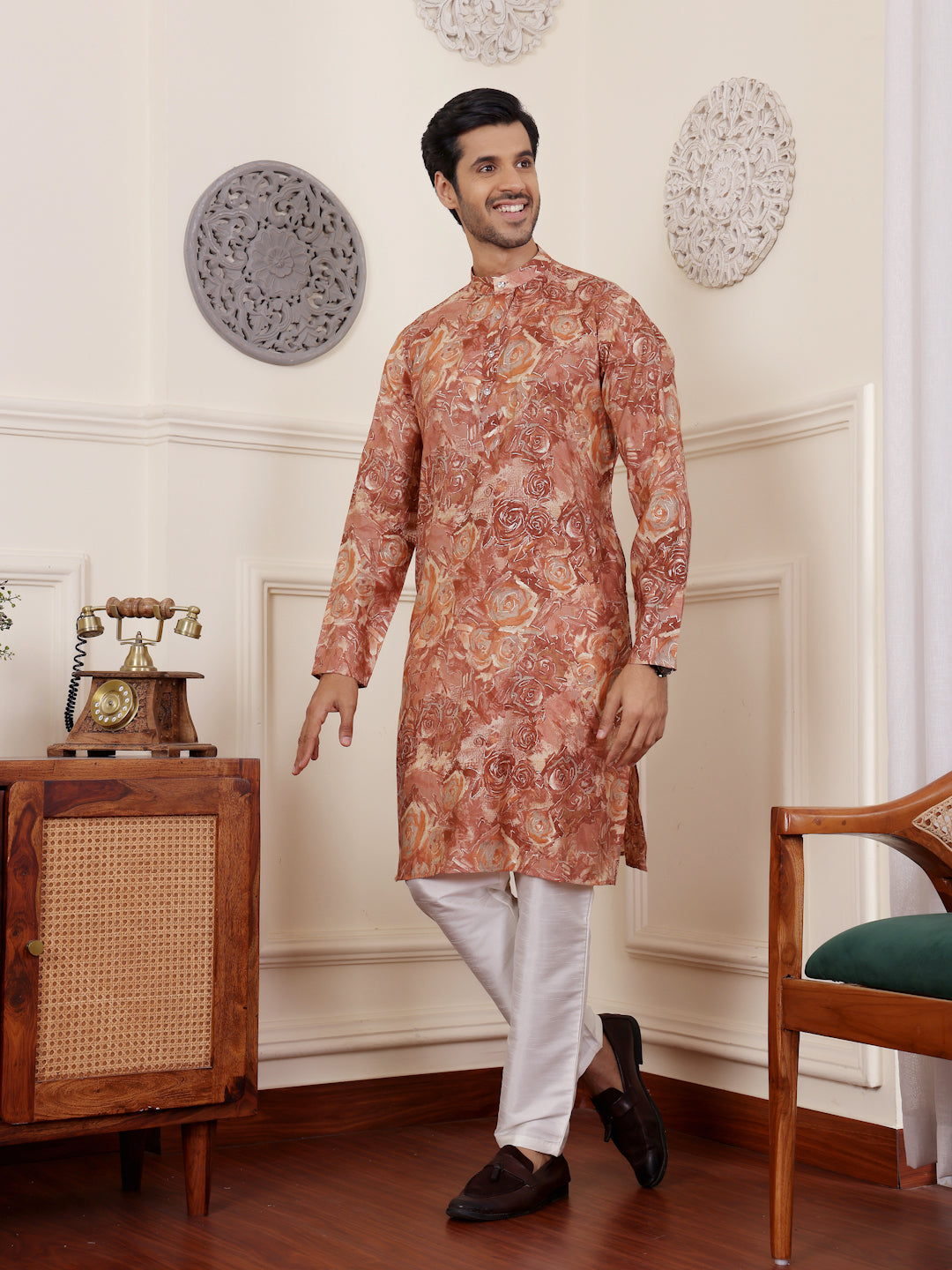 Men's Brown Floral Printed Kurta with White Pajama