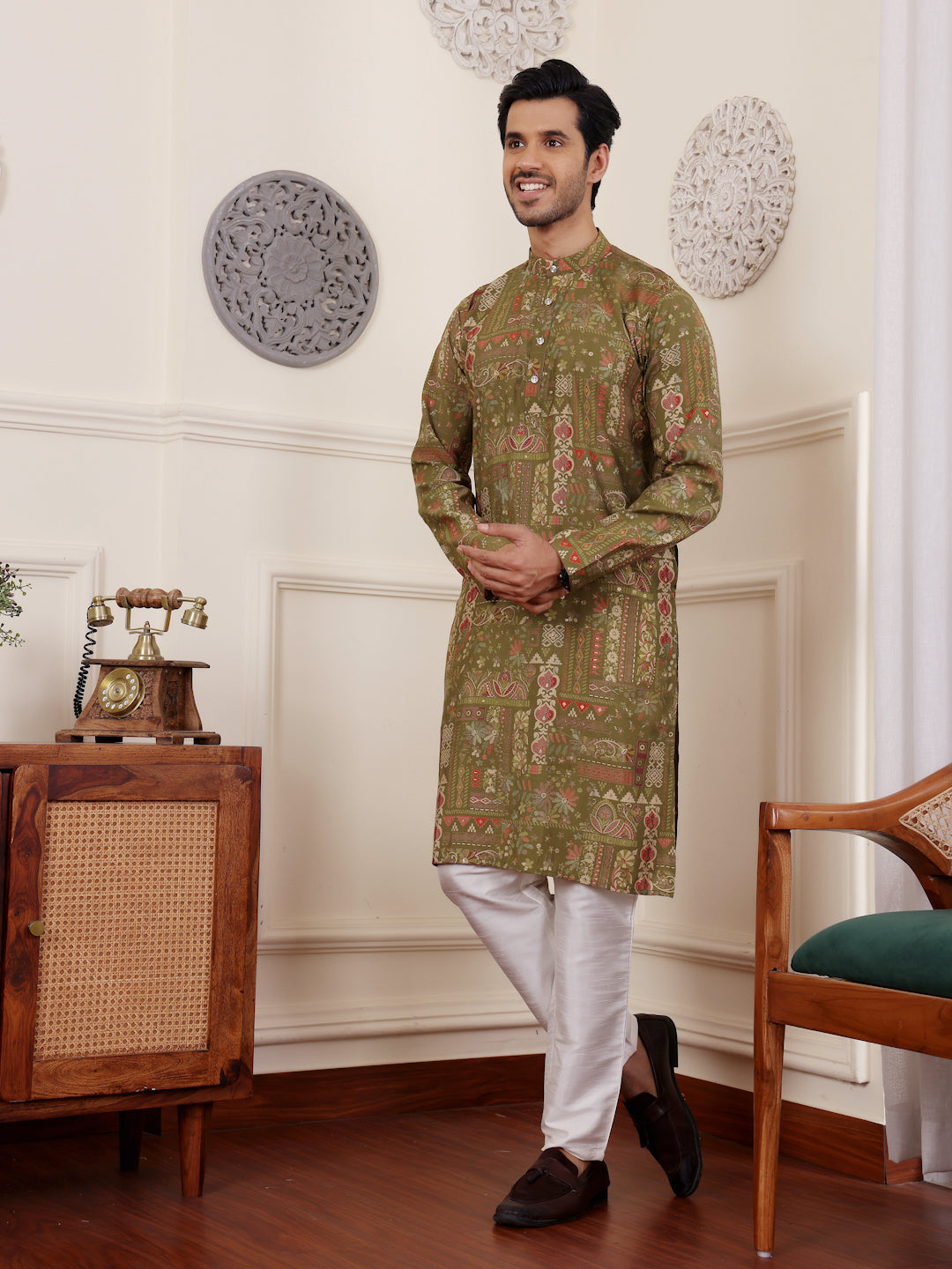 Men's Green Ethnic Printed Kurta with White Pajama