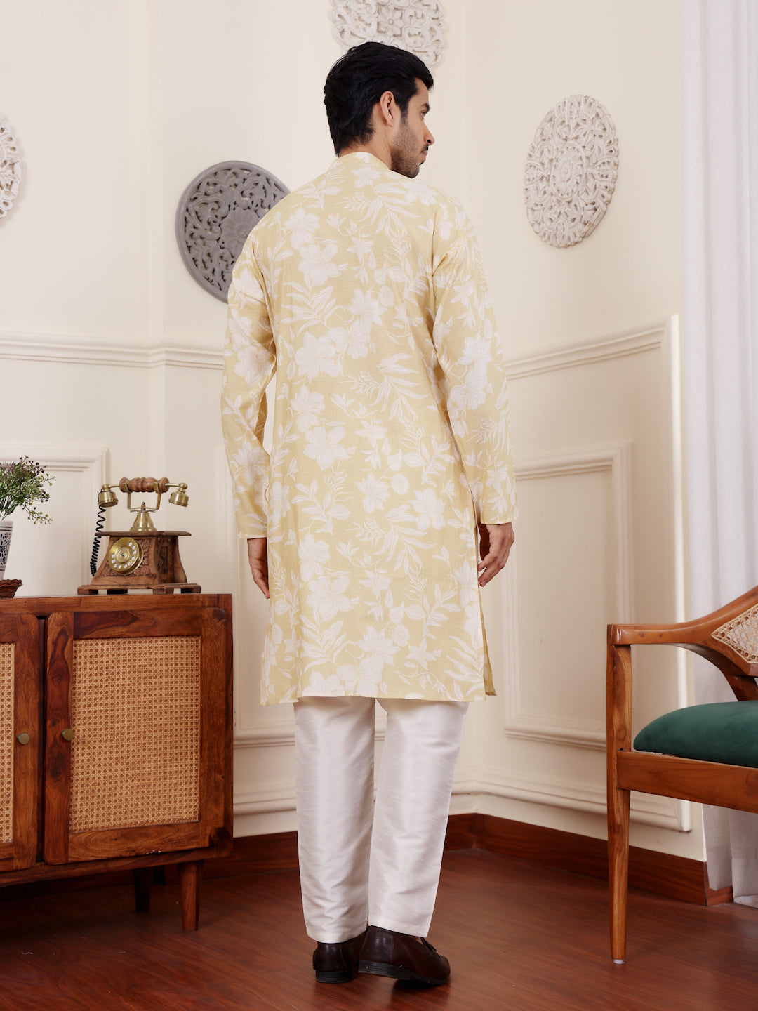 Men's Light Yellow Floral Printed Kurta with White Pajama