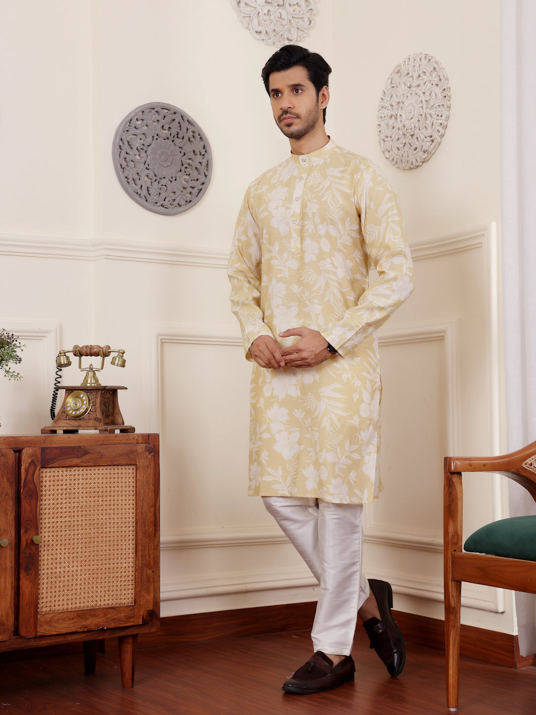 Men's Light Yellow Floral Printed Kurta with White Pajama