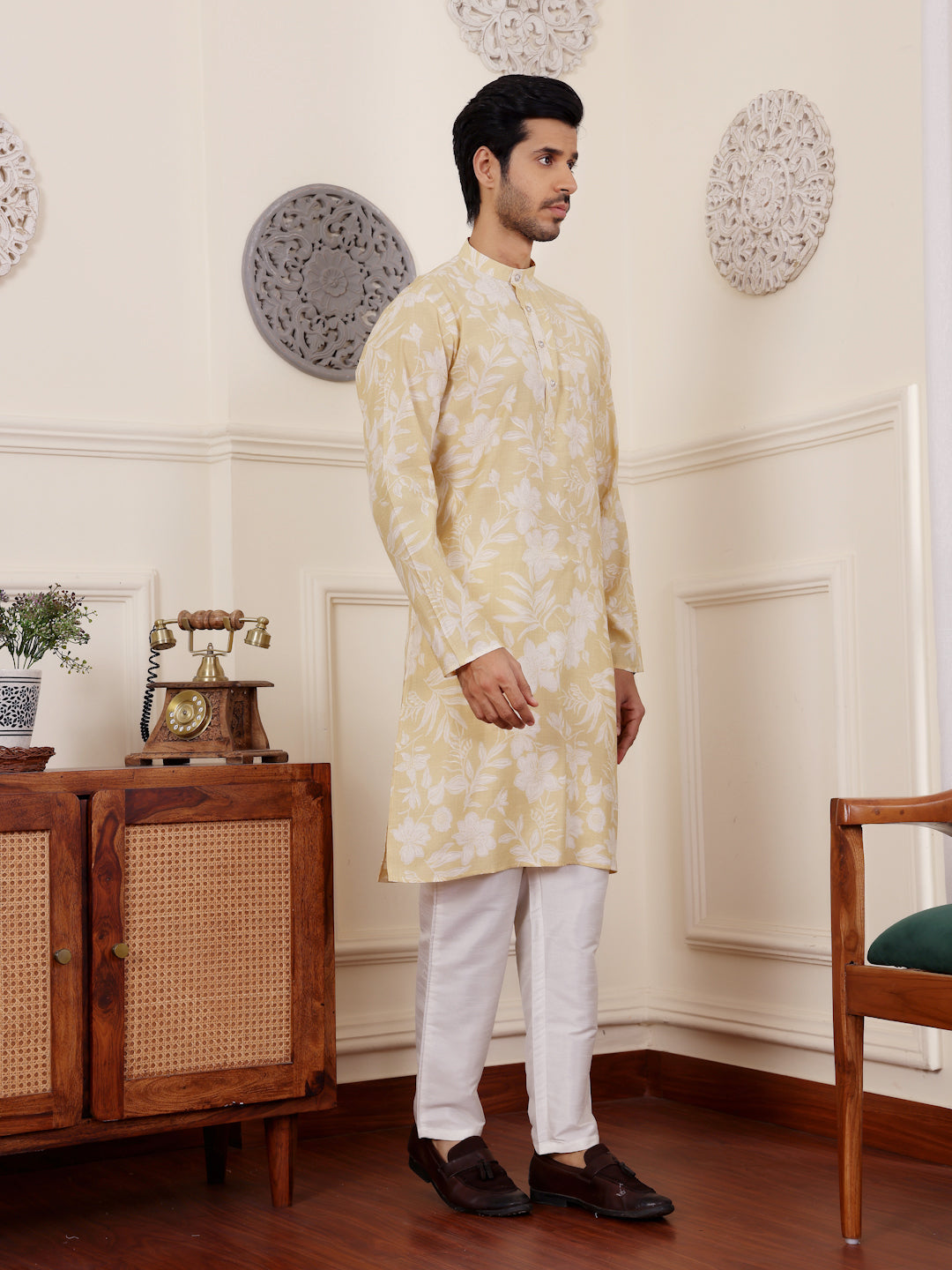 Men's Light Yellow Floral Printed Kurta with White Pajama