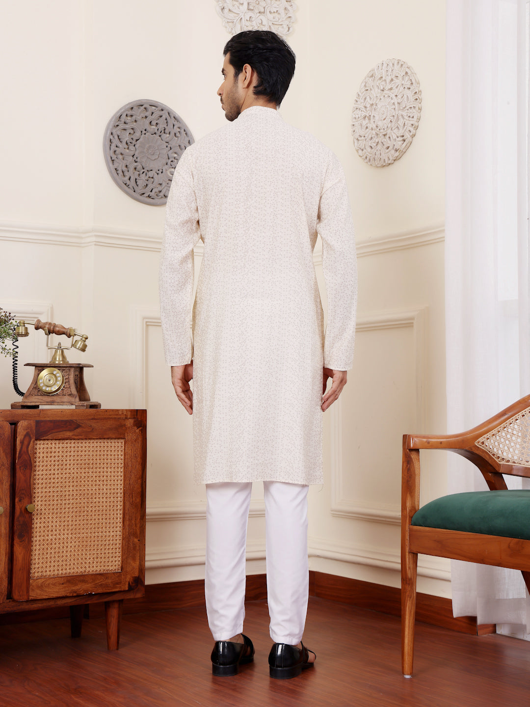 Men's Off White Subtle Printed Kurta with White Pajama