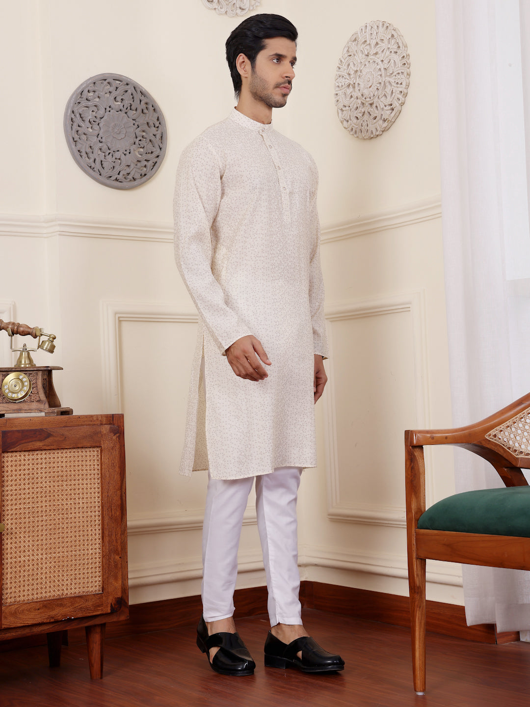 Men's Off White Subtle Printed Kurta with White Pajama