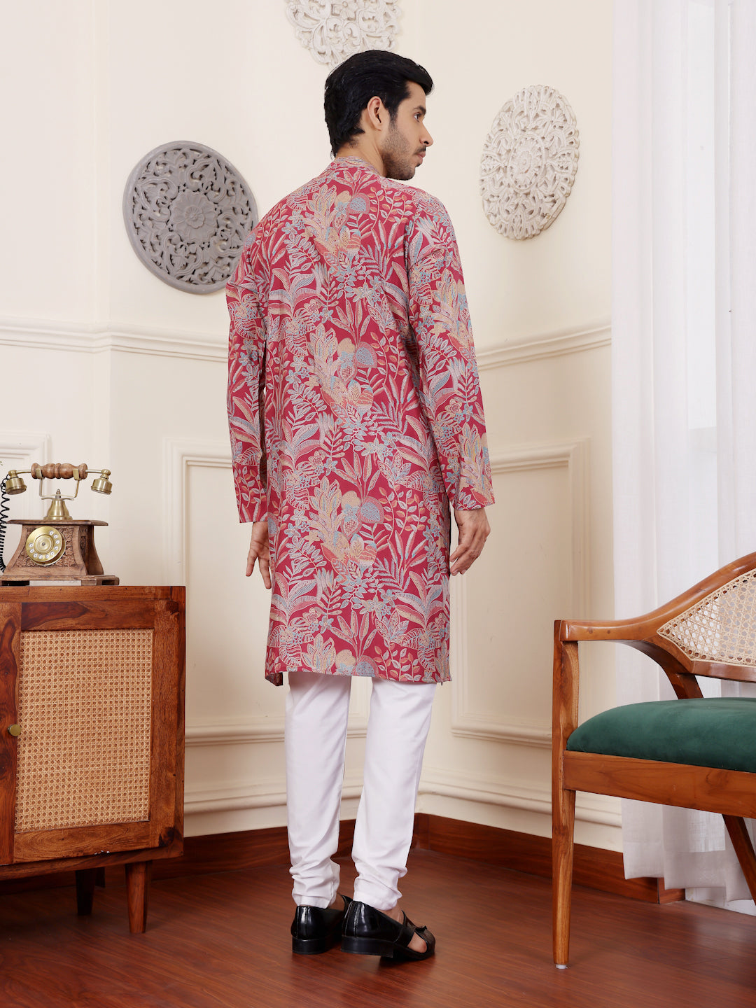 Men's Pink Floral Printed Kurta with White Pajama