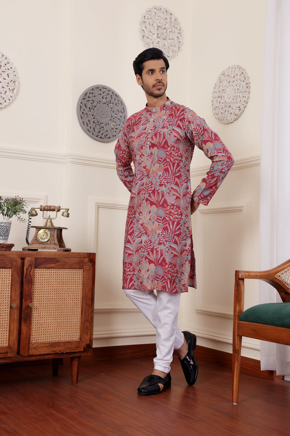 Men's Pink Floral Printed Kurta with White Pajama