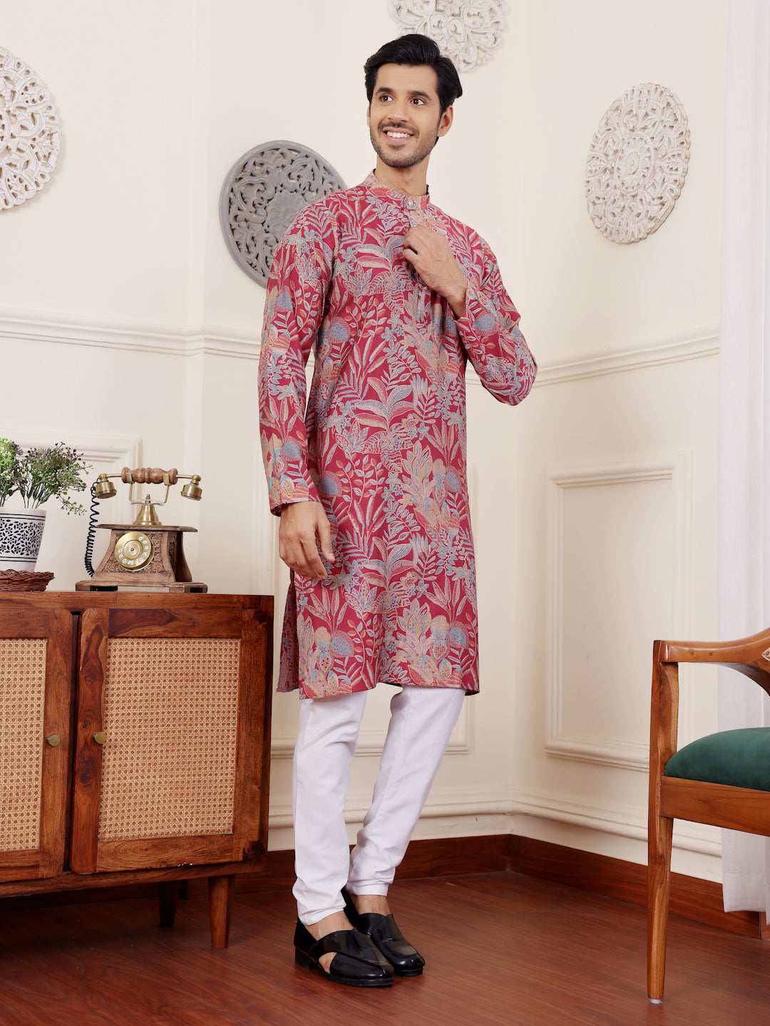 Men's Pink Floral Printed Kurta with White Pajama