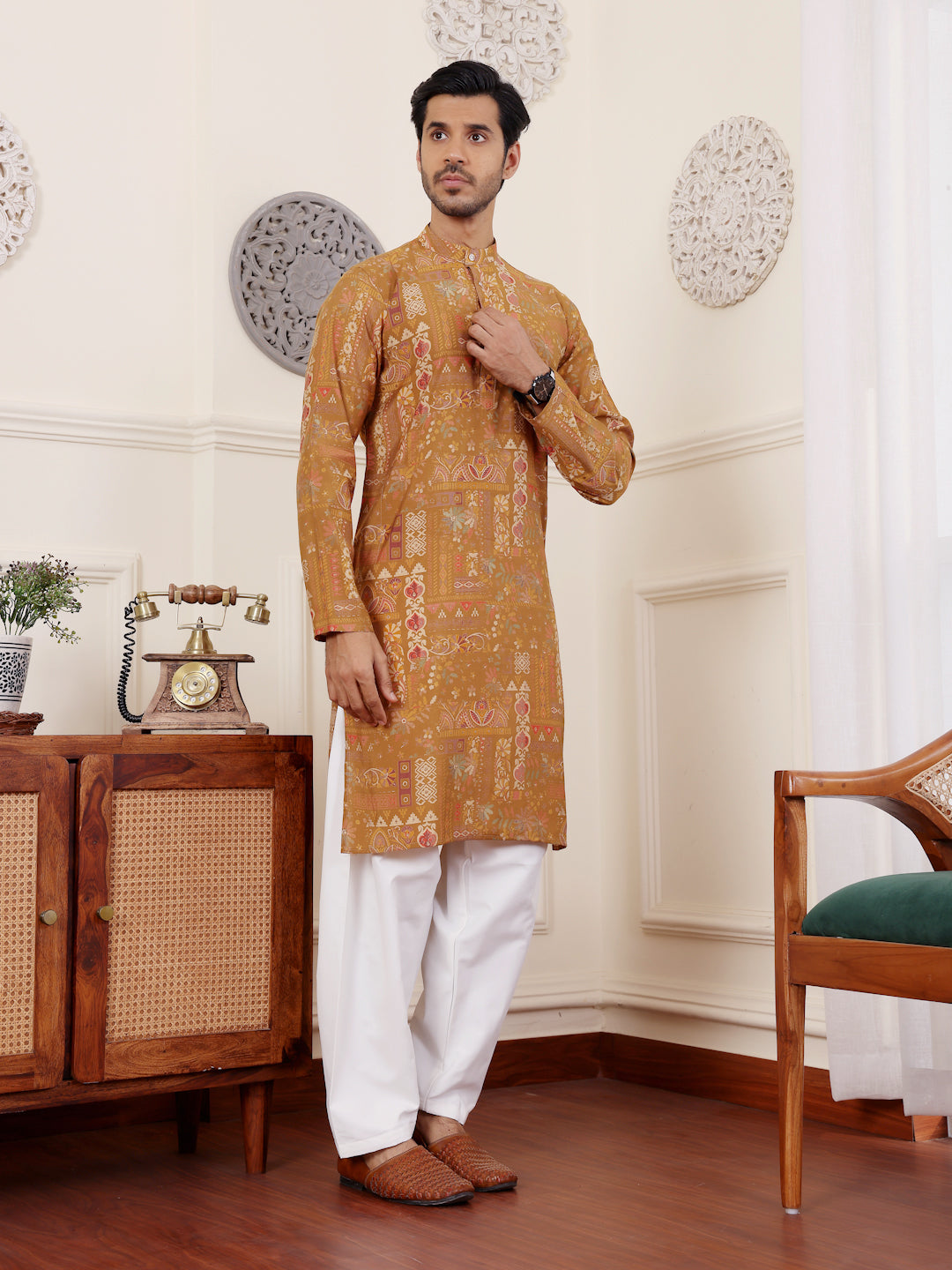 Men's Brownish Yellow Printed Kurta with White Salwar