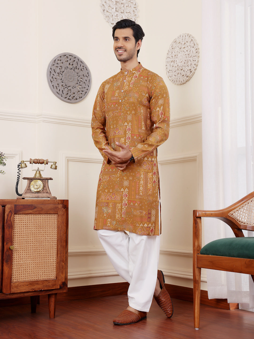 Men's Brownish Yellow Printed Kurta with White Salwar