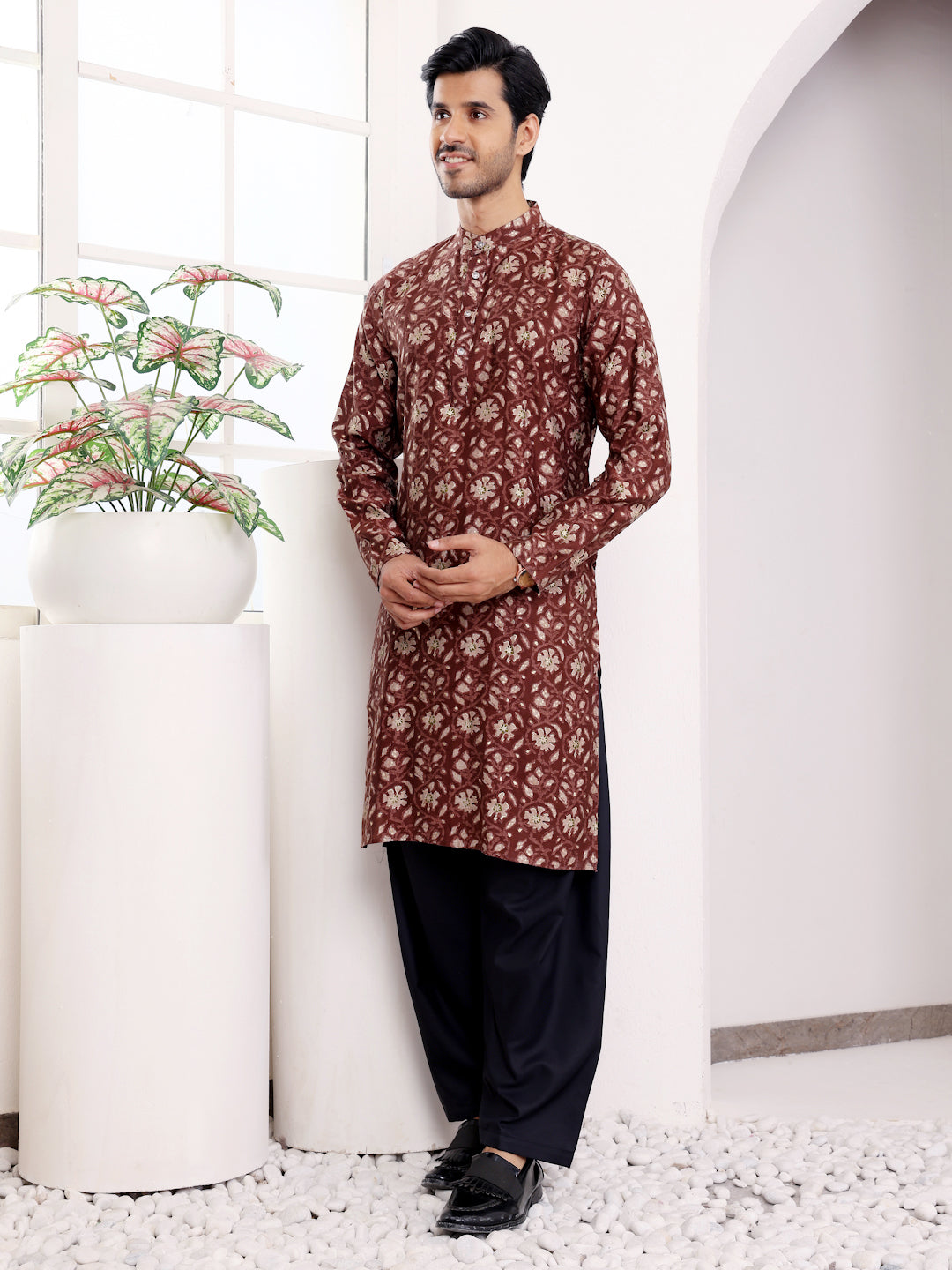 Men's Maroon Designer Printed Modal Silk Kurta with Black Salwar