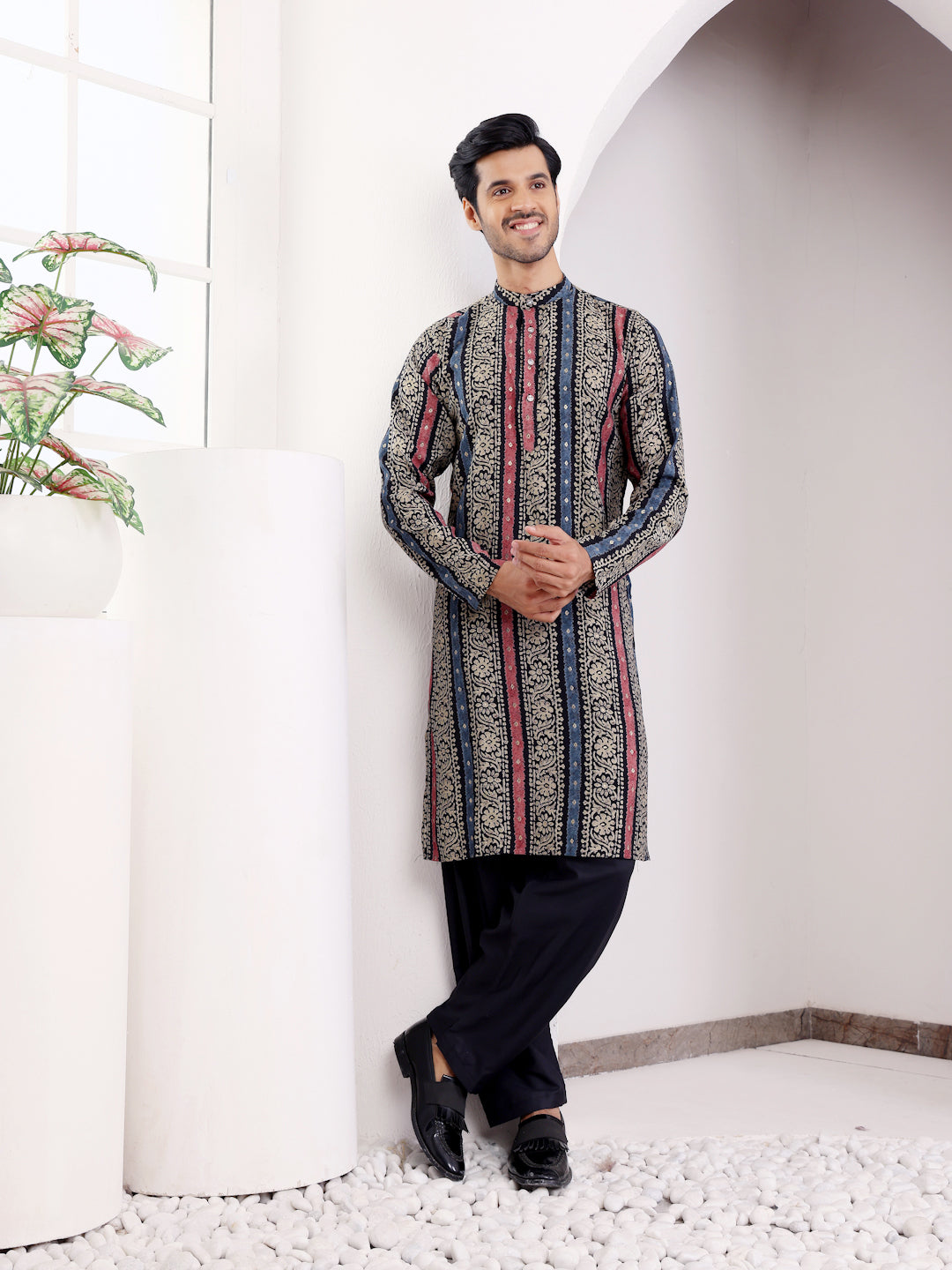 Men's Multicolor Vertical Stripe Printed Modal Silk Kurta with Black Salwar