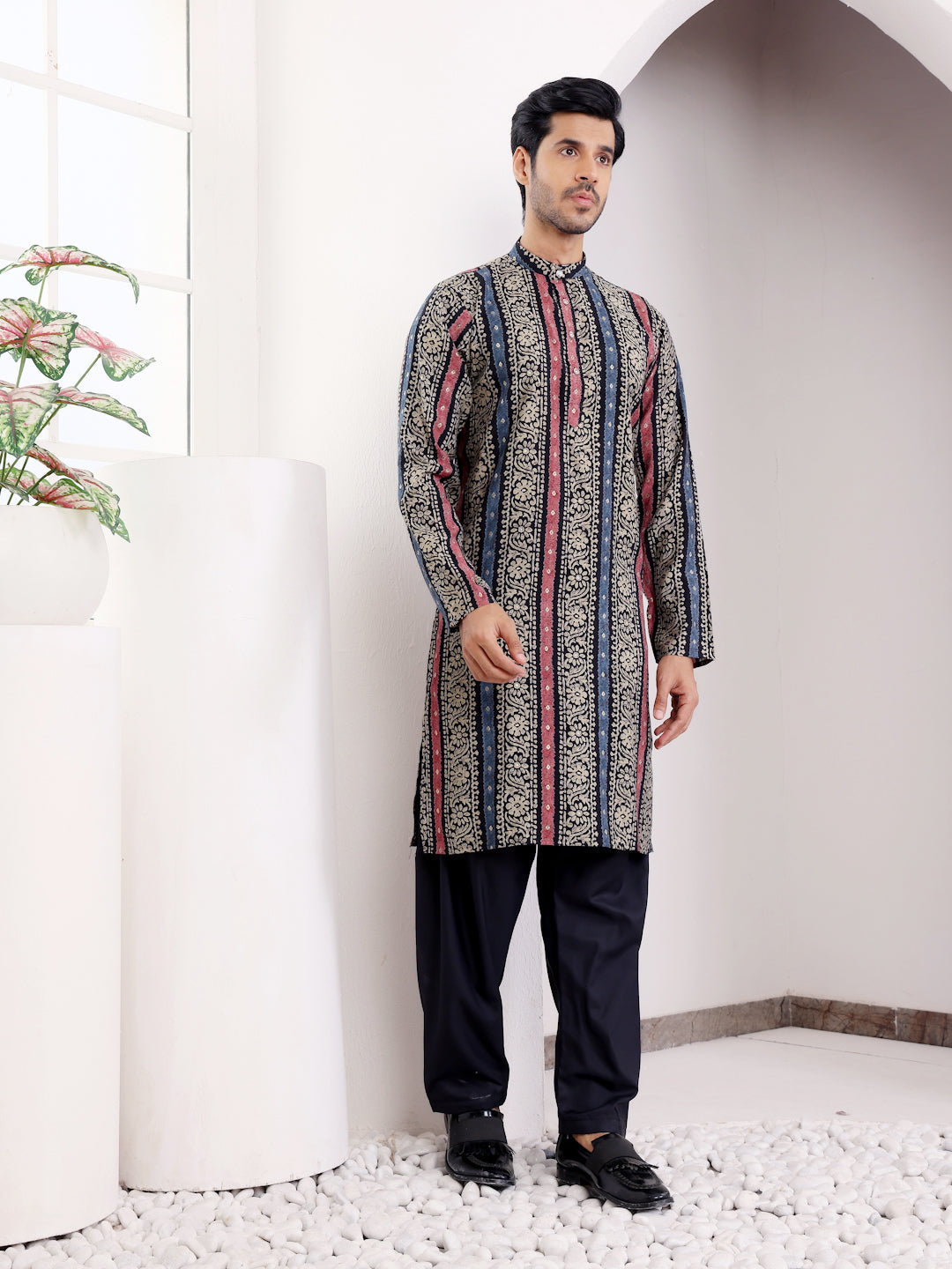 Men's Multicolor Vertical Stripe Printed Modal Silk Kurta with Black Salwar