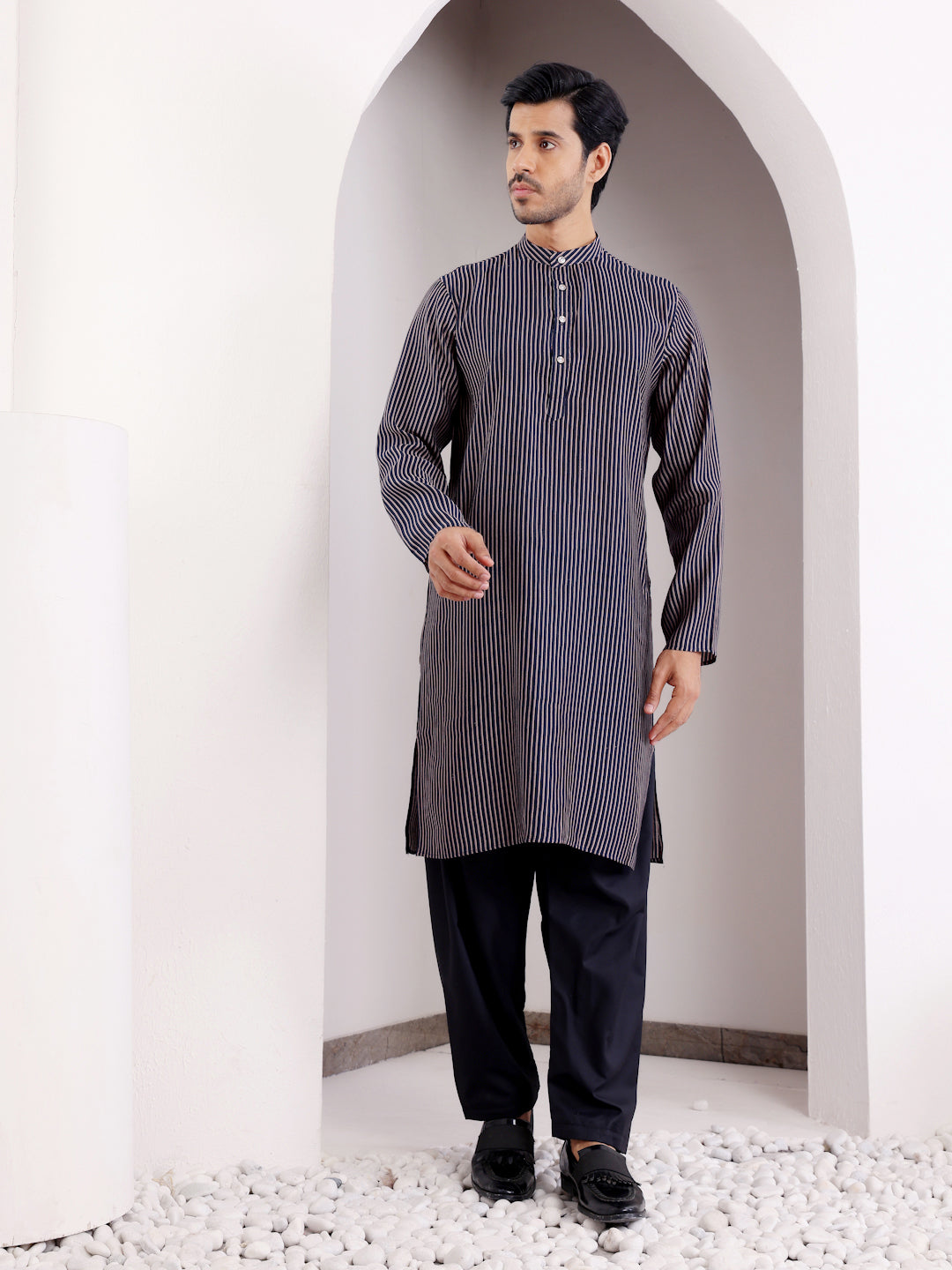 Men's Blue Striped Modal Silk Kurta with Black Salwar