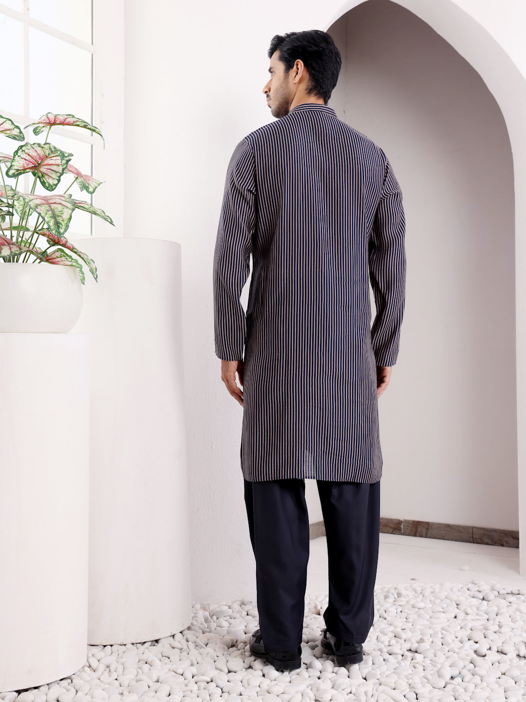 Men's Blue Striped Modal Silk Kurta with Black Salwar