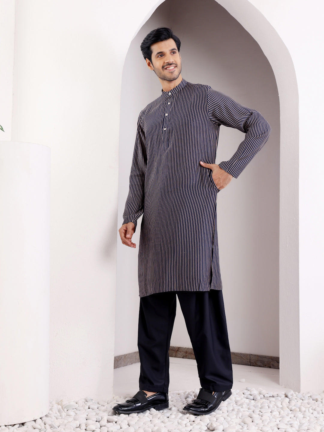 Men's Blue Striped Modal Silk Kurta with Black Salwar