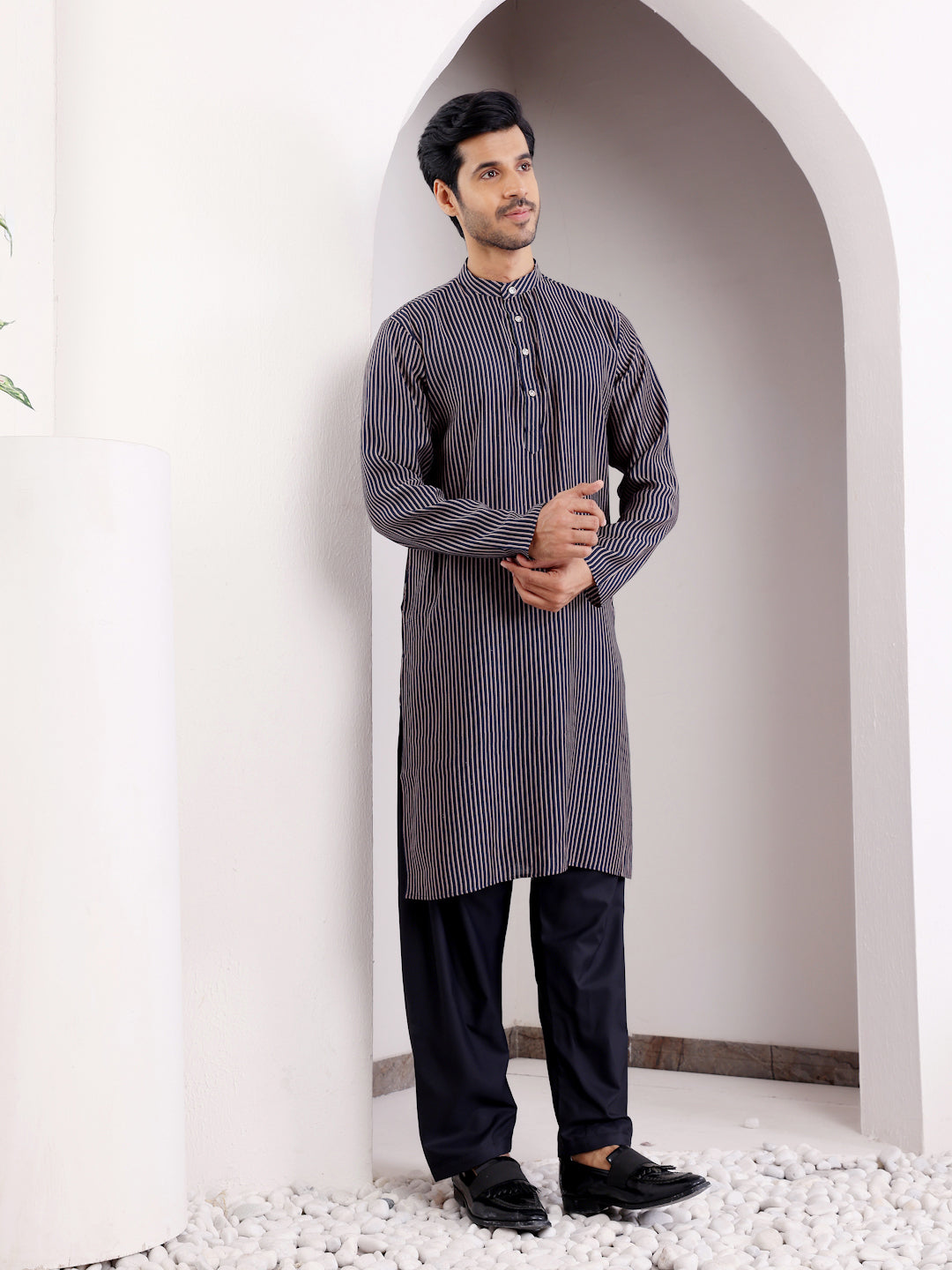 Men's Blue Striped Modal Silk Kurta with Black Salwar