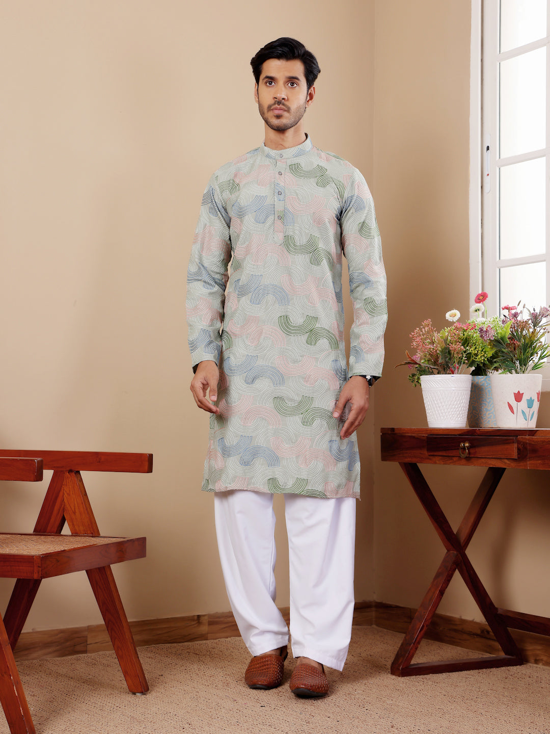 Pistel Green Linen Kurta Set with Embroidery Work