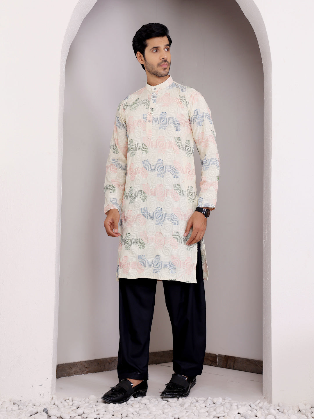 Cream Linen Kurta Set with Embroidery Work