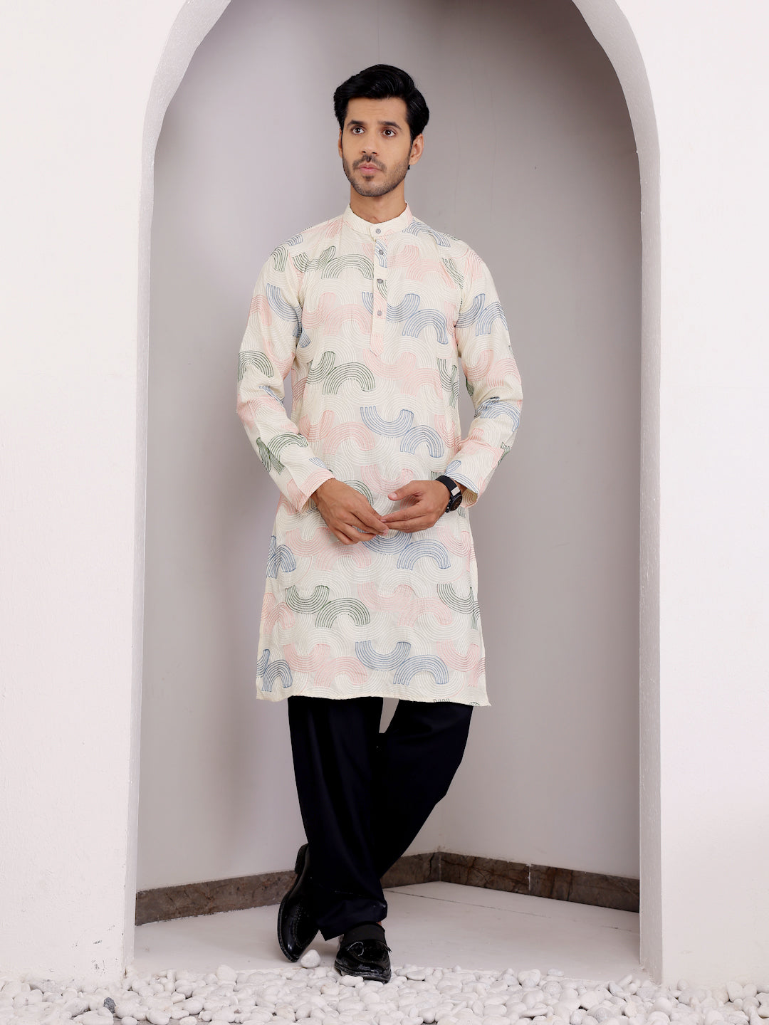 Cream Linen Kurta Set with Embroidery Work