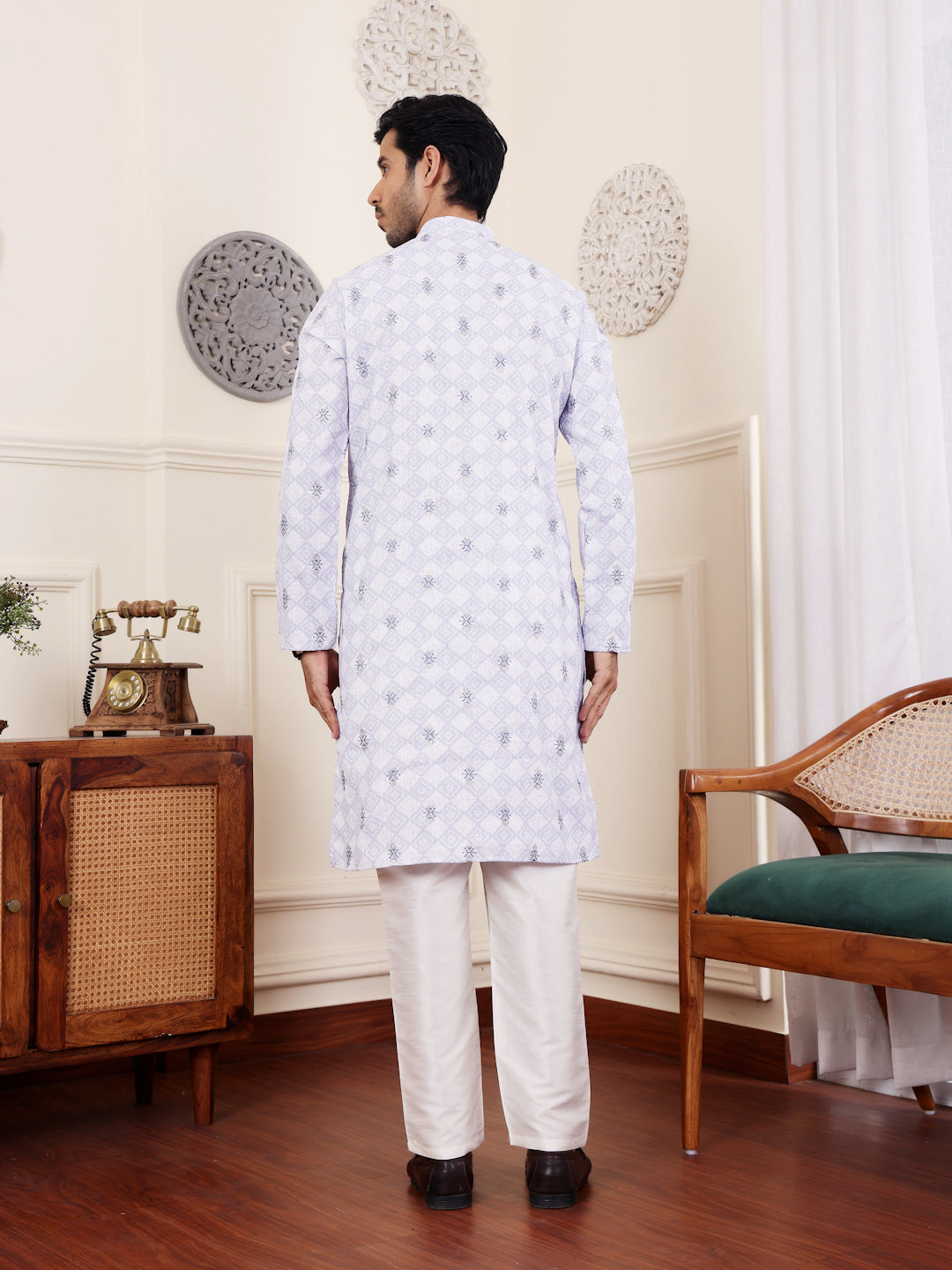 Light Purple Linen Kurta Set with Embroidery Work