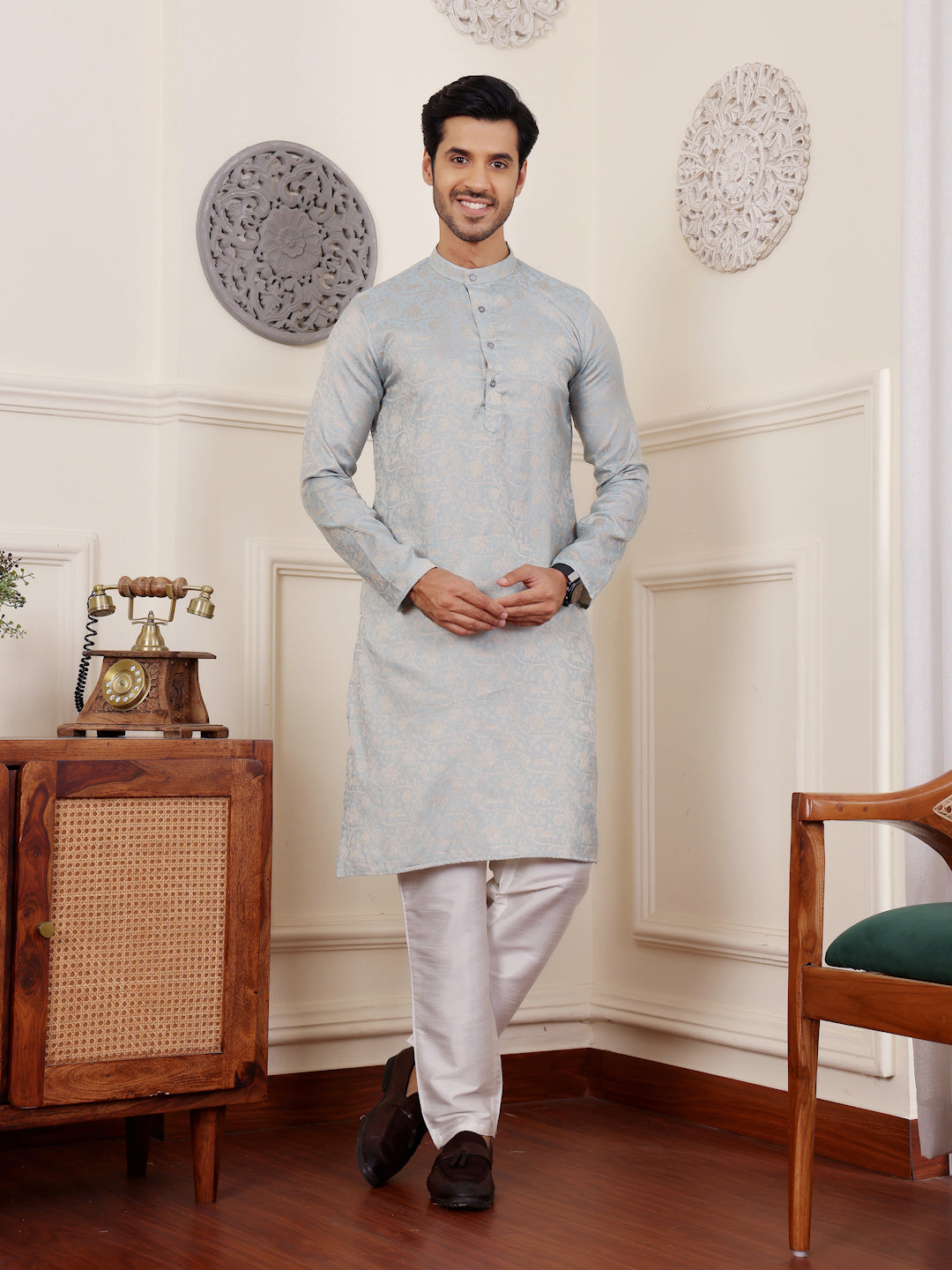 Light Blue Viscose Kurta Set with Wevon Design