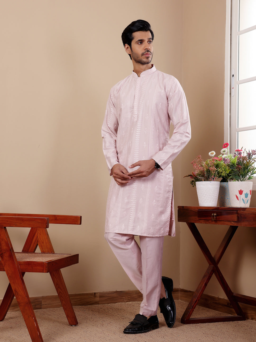 Elegant Light Pink Chikankari Kurta Pajama Set for Men – Festive & Wedding Wear