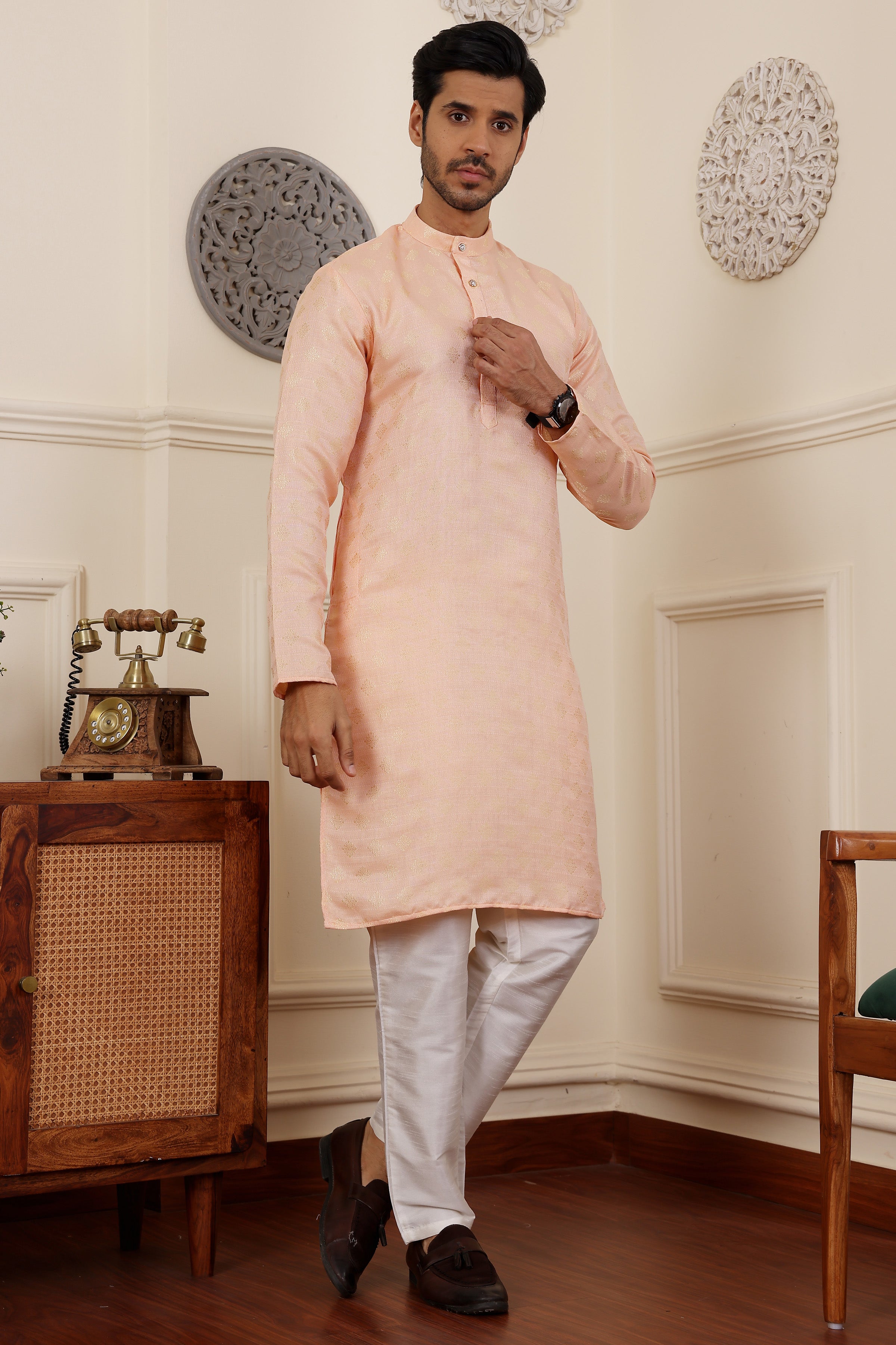 Peach Readymade Kurta Pajama Set – Viscose & Art Silk