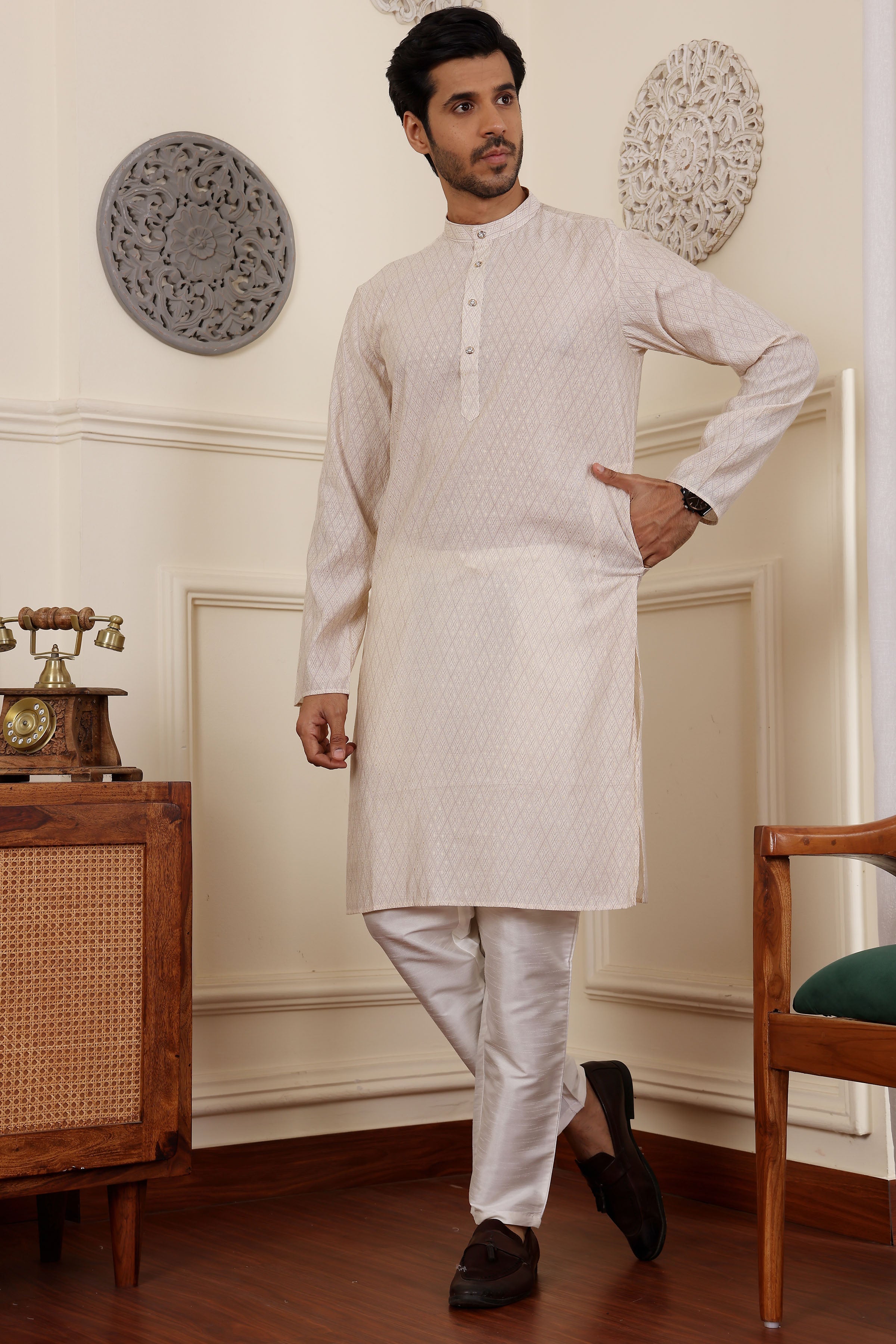 White Kurta Pajama Set – Modal Silk & Art Silk