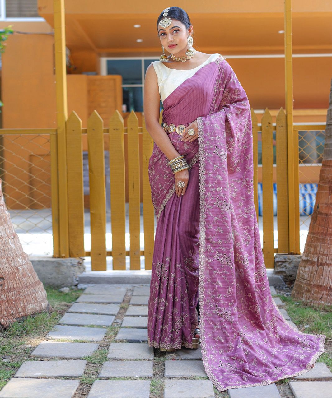 Lavender Grace Handworked Soft Silk Saree with Floral Cutwork Border