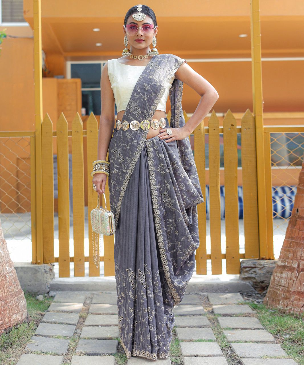 Charcoal Charm Handworked Soft Silk Saree with Floral Cutwork Border