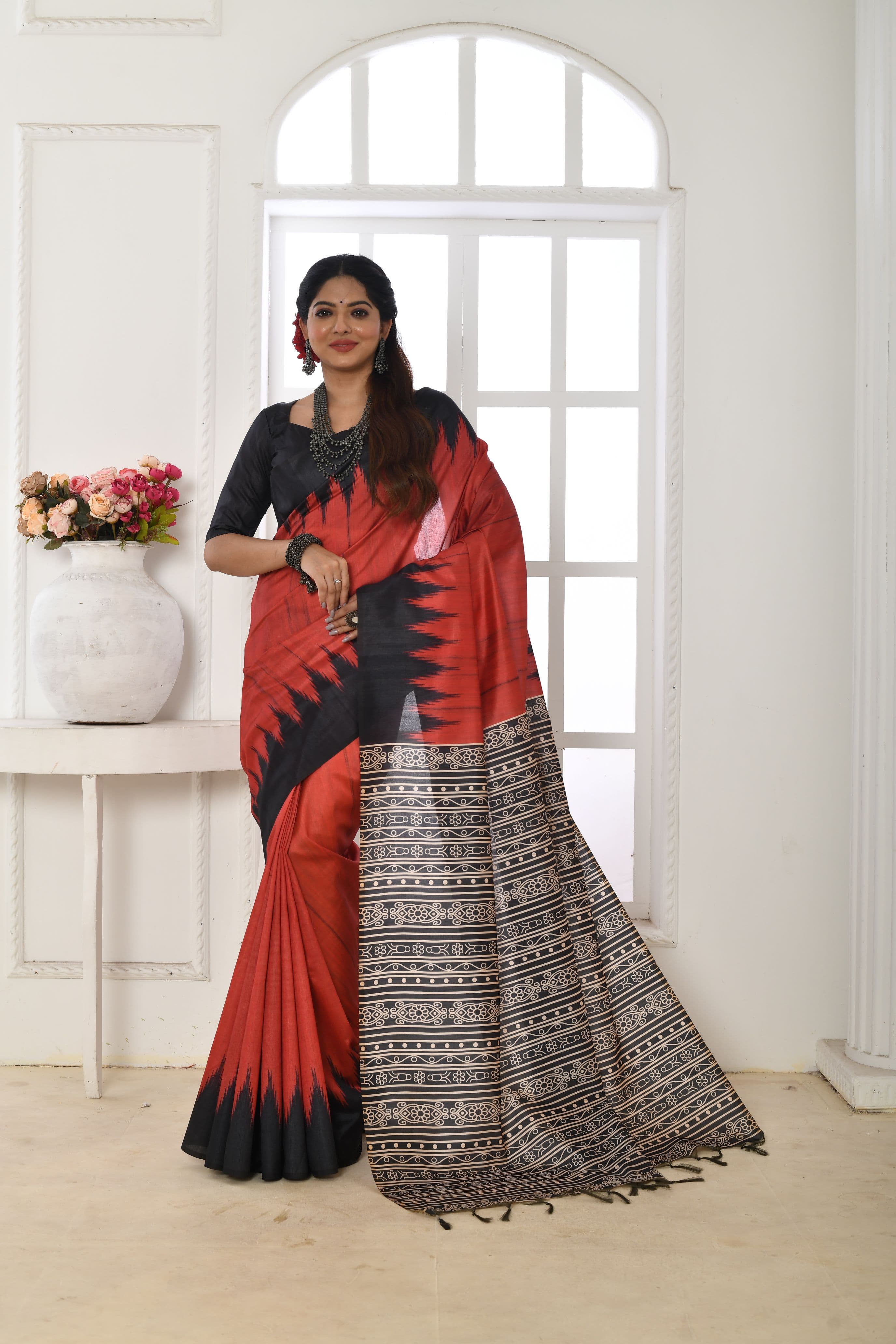 Crimson Red Tussar Silk Saree with Temple Border & Traditional Print