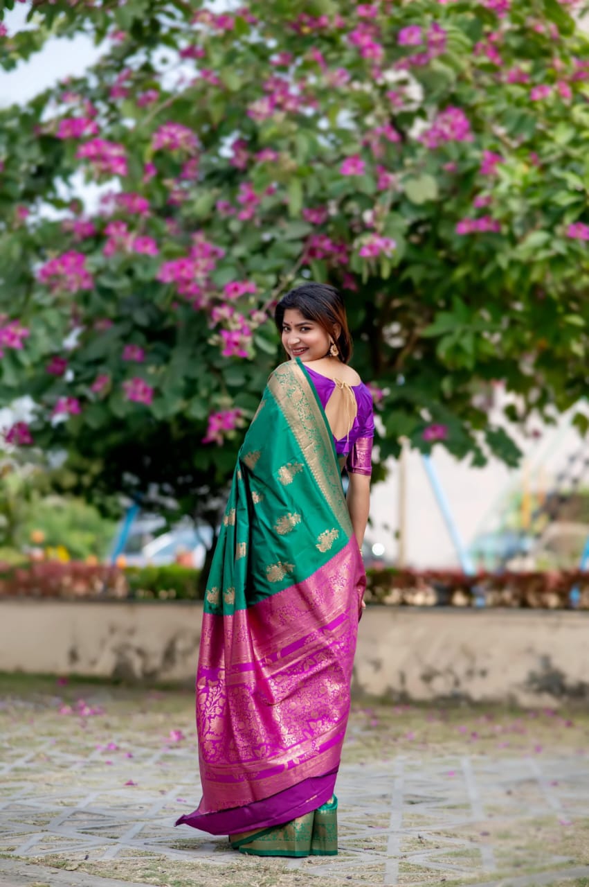 Emerald Green Soft Banarasi Katan Silk Pattu Saree with Rich Magenta Zari Pal