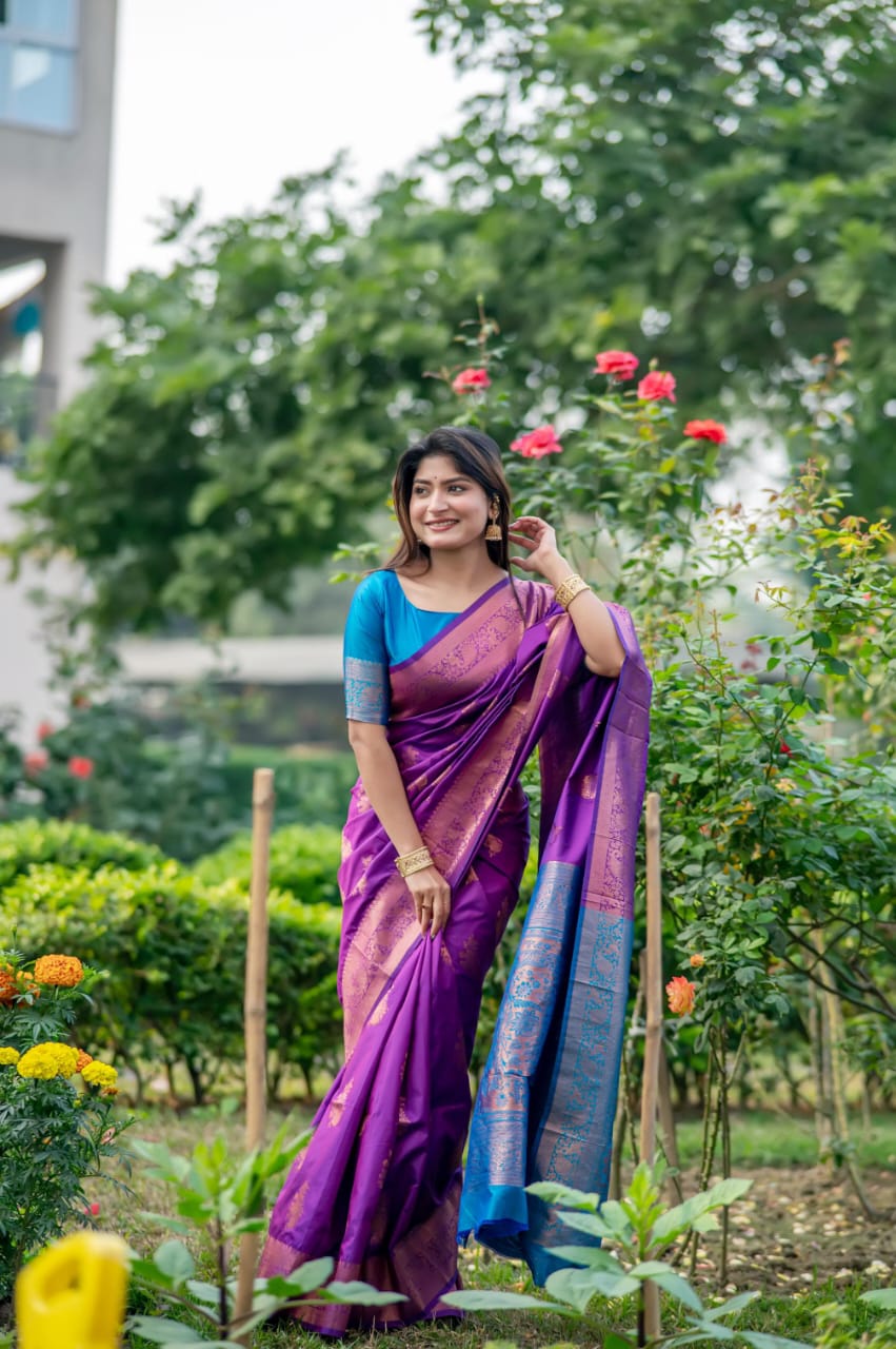 Royal Purple Soft Banarasi Katan Silk Pattu Saree with Royal Blue Contrast Zari Pallu