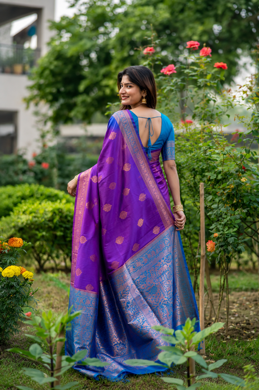 Royal Purple Soft Banarasi Katan Silk Pattu Saree with Royal Blue Contrast Zari Pallu