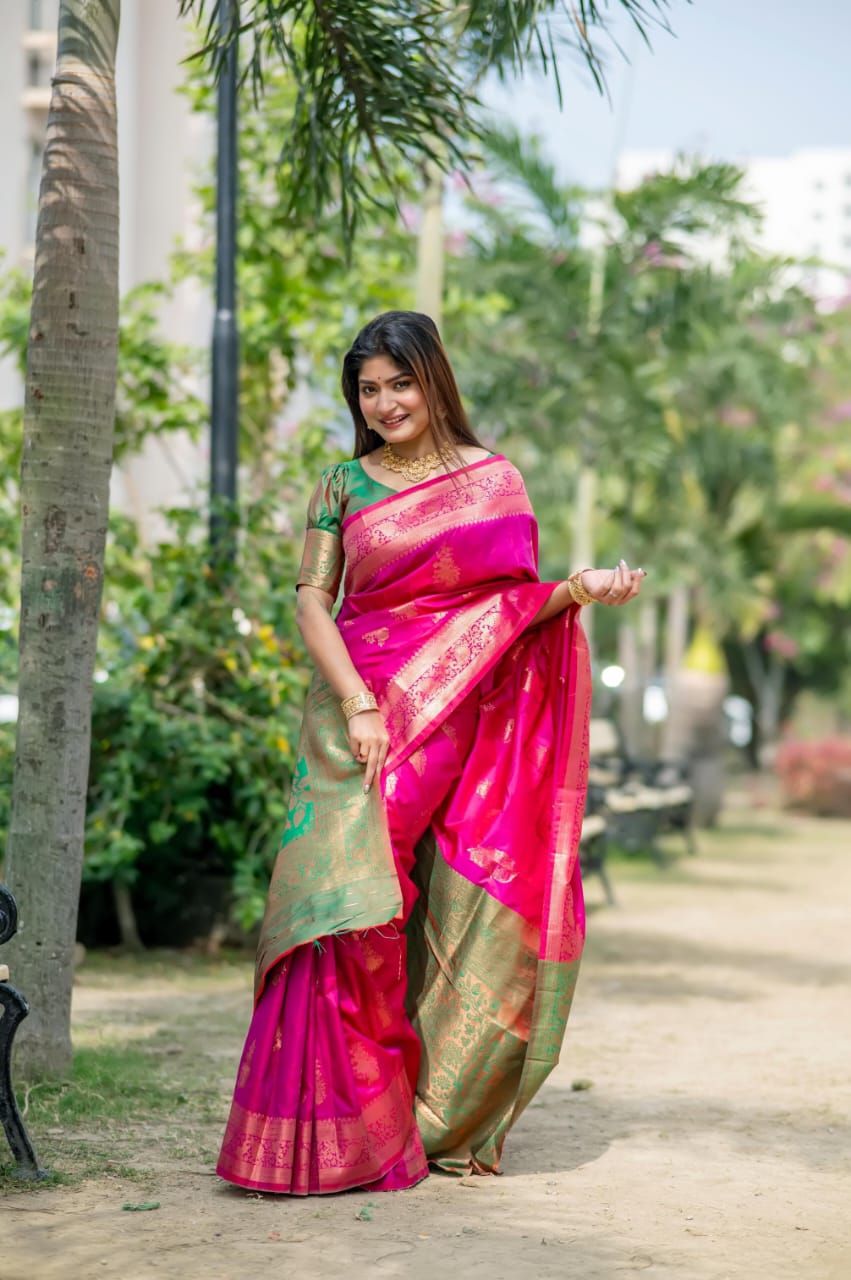 Rani Pink Soft Banarasi Katan Silk Pattu Saree with Emerald Green Contrast Zari Pallu