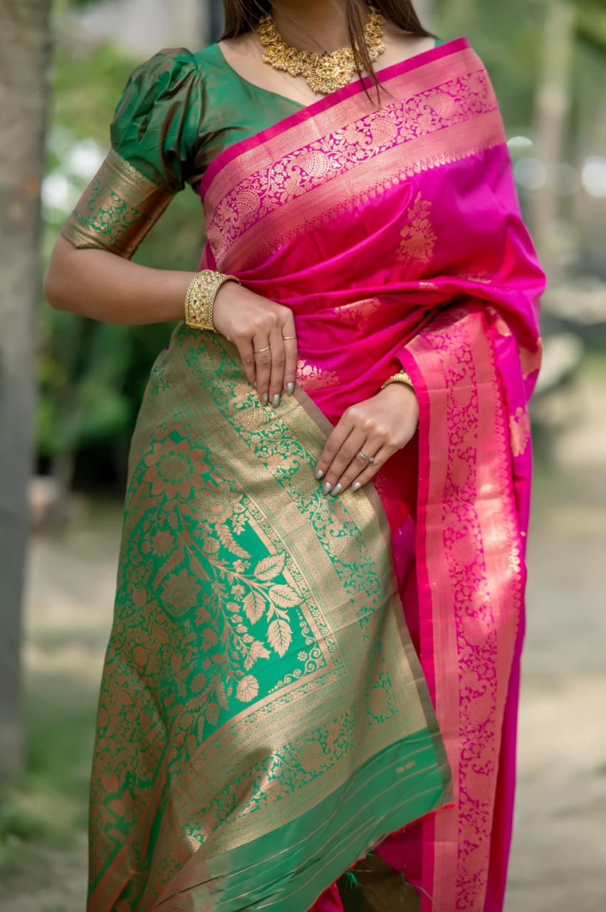 Rani Pink Soft Banarasi Katan Silk Pattu Saree with Emerald Green Contrast Zari Pallu