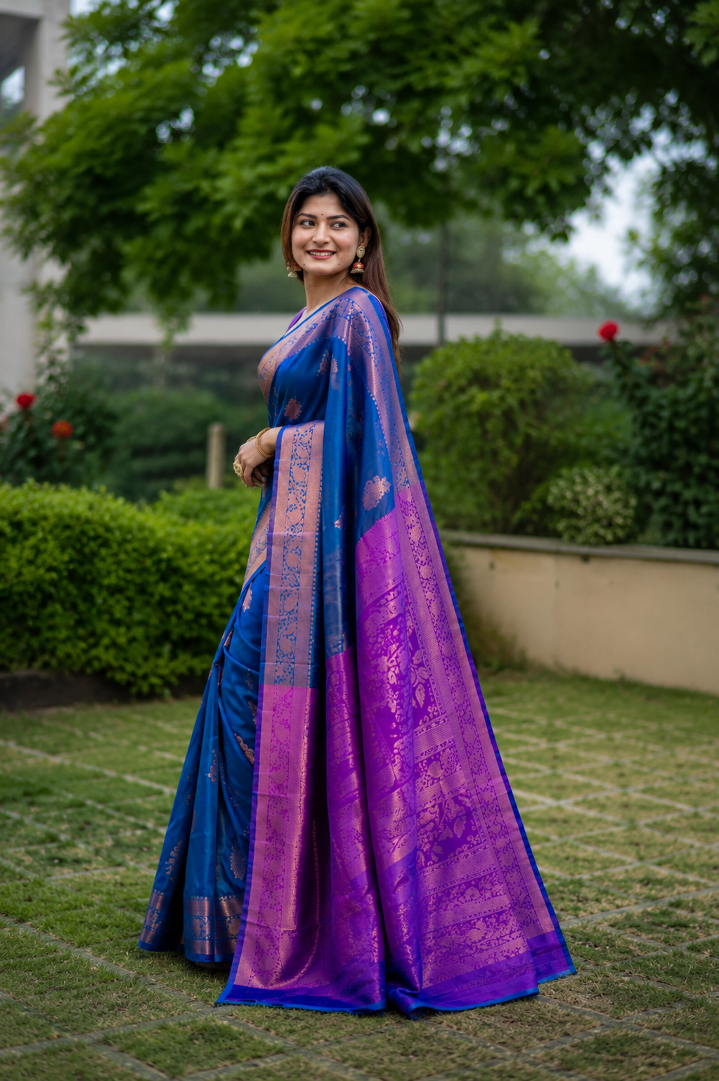 Royal Navy Blue Soft Banarasi Katan Silk Pattu Saree with Purple Contrast Zari Pallu