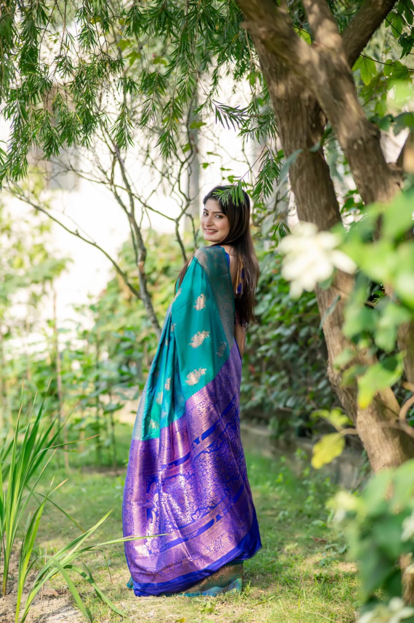 Elegant Teal Blue Soft Banarasi Katan Silk Pattu Saree with Royal Purple Contrast Zari Pallu